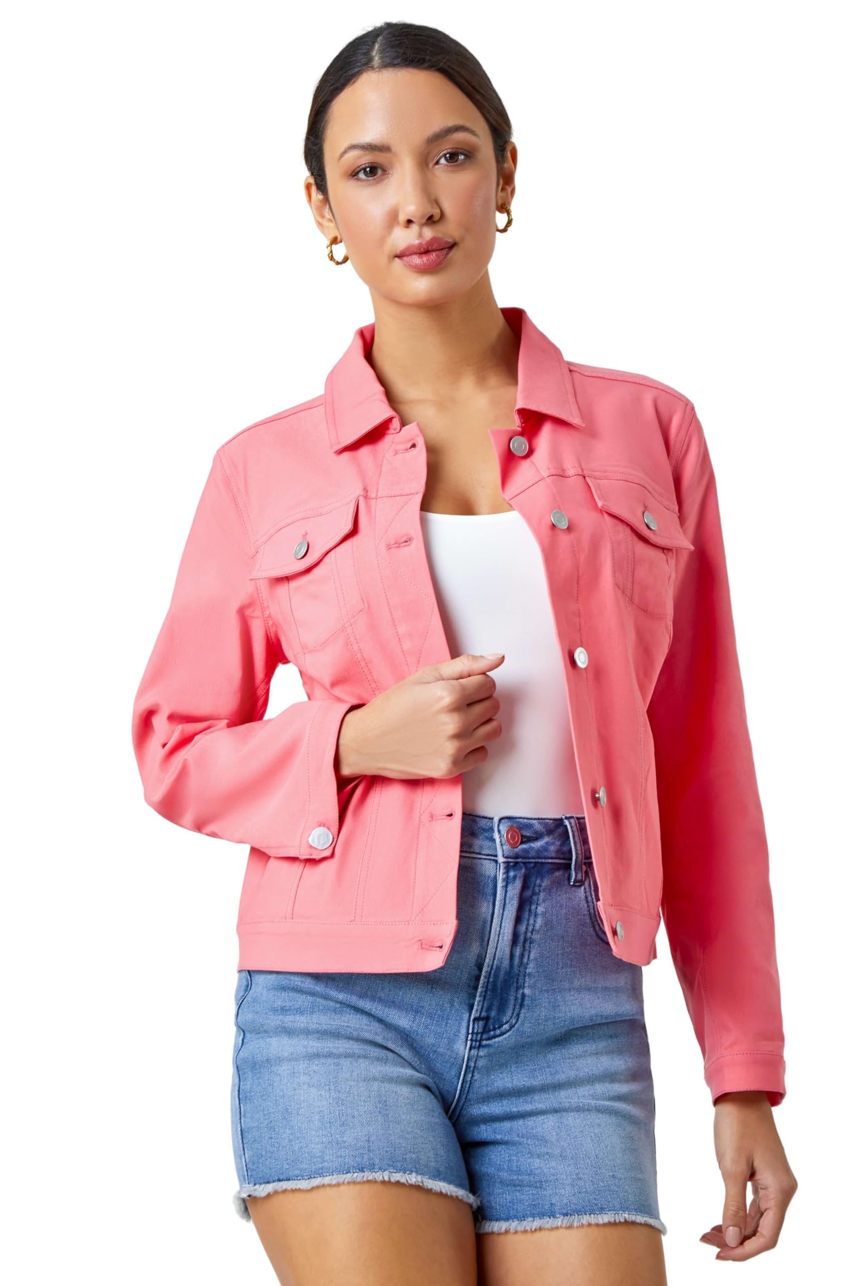 Roman Originals Salmon Stretch Jacket For Women Uk - Ladies Denim Jean Summer Coat Bengaline Casual Smart Utility Trucker Biker Fitted Classic Work Spring Soft Vintage - - Size 14