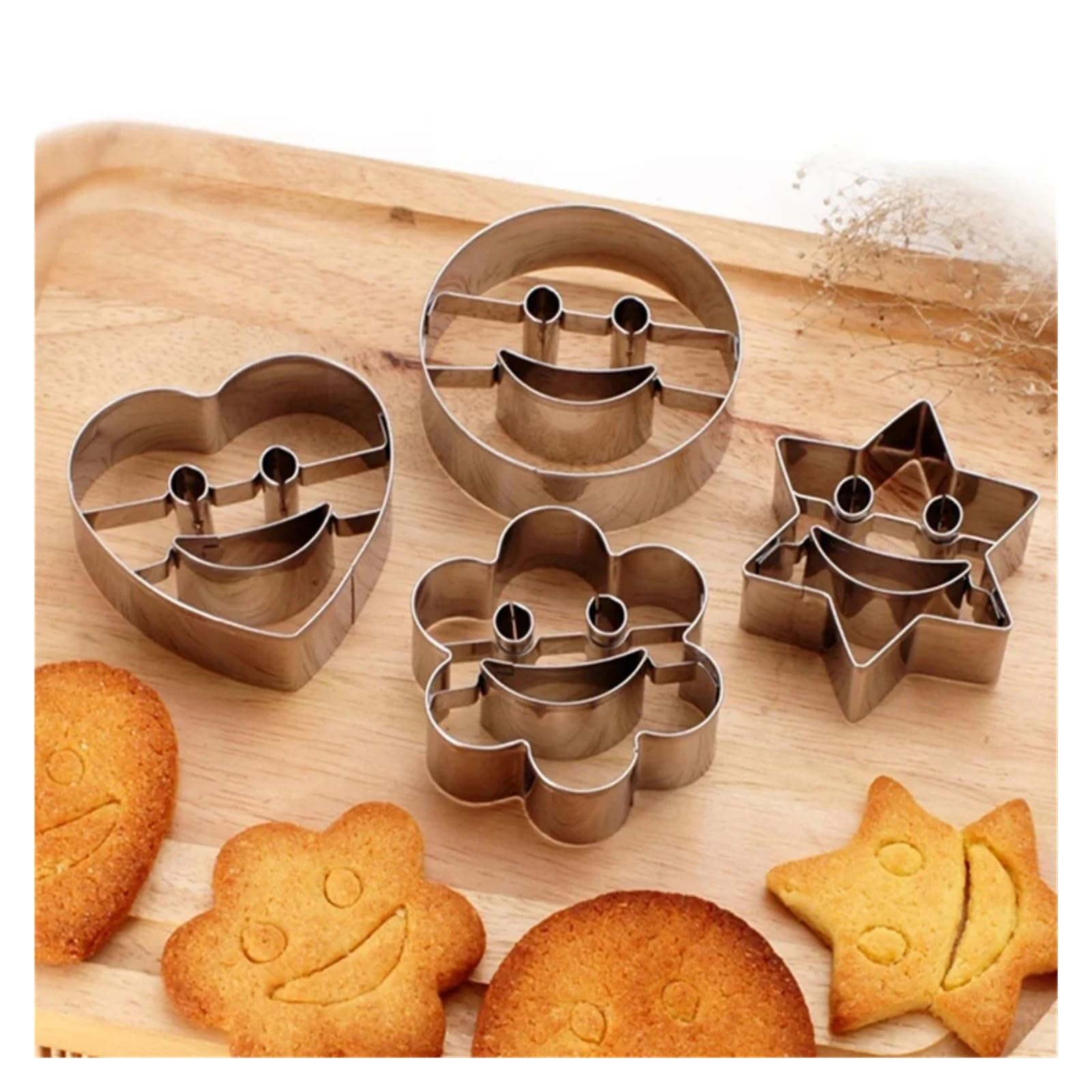 Juego de cortadores de galletas, 4 Uds., moldes de acero inoxidable de calidad alimentaria con forma divertida de cara sonriente for fondant, queso, fruta, panqueque, horneado DIY en casa