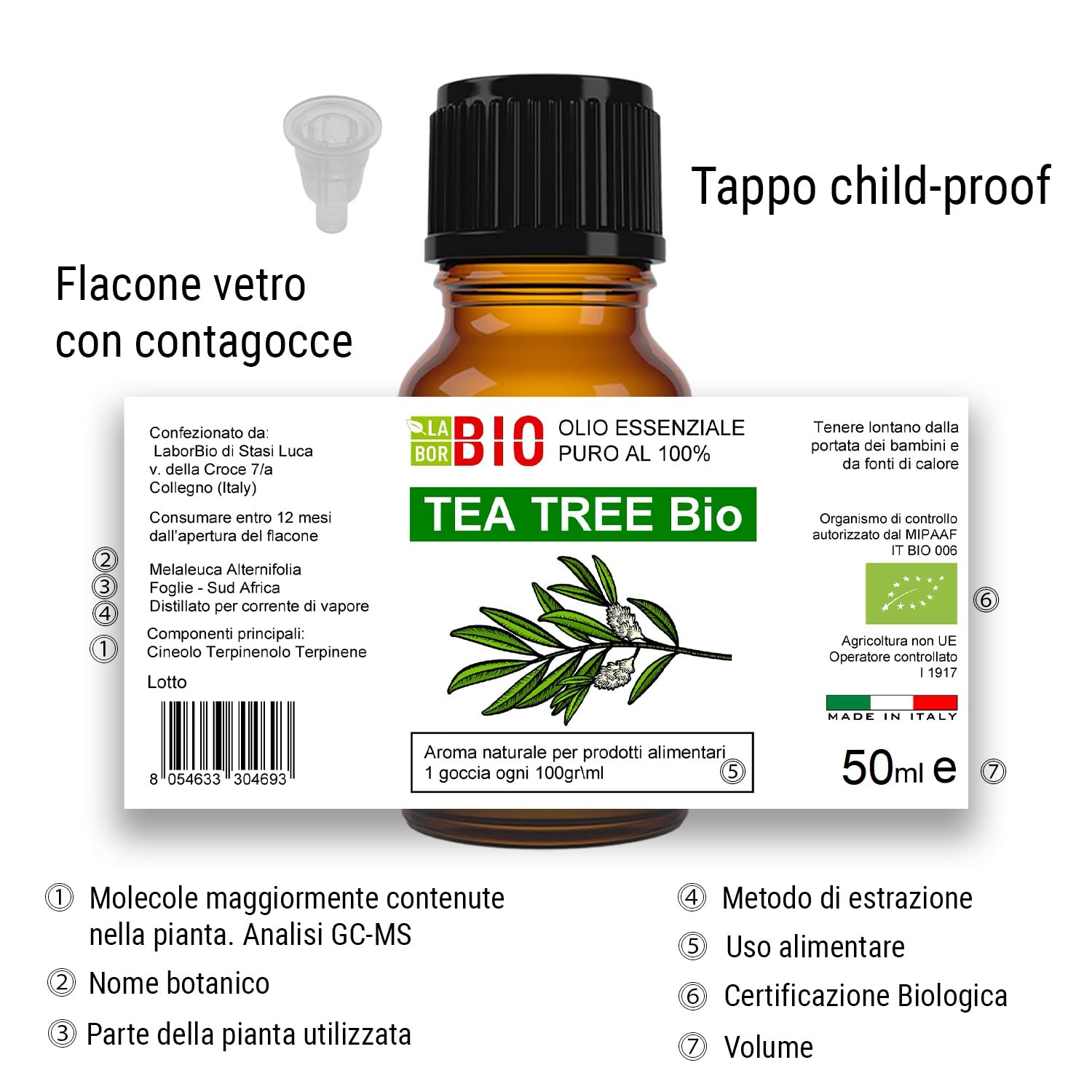 Tea tree Bio Olio essenziale 100% Puro Albero del te' 50 ml - Uso interno Terapeutico Alimentare Diffusori ambiente Aromaterapia Cosmetica - Laborbio