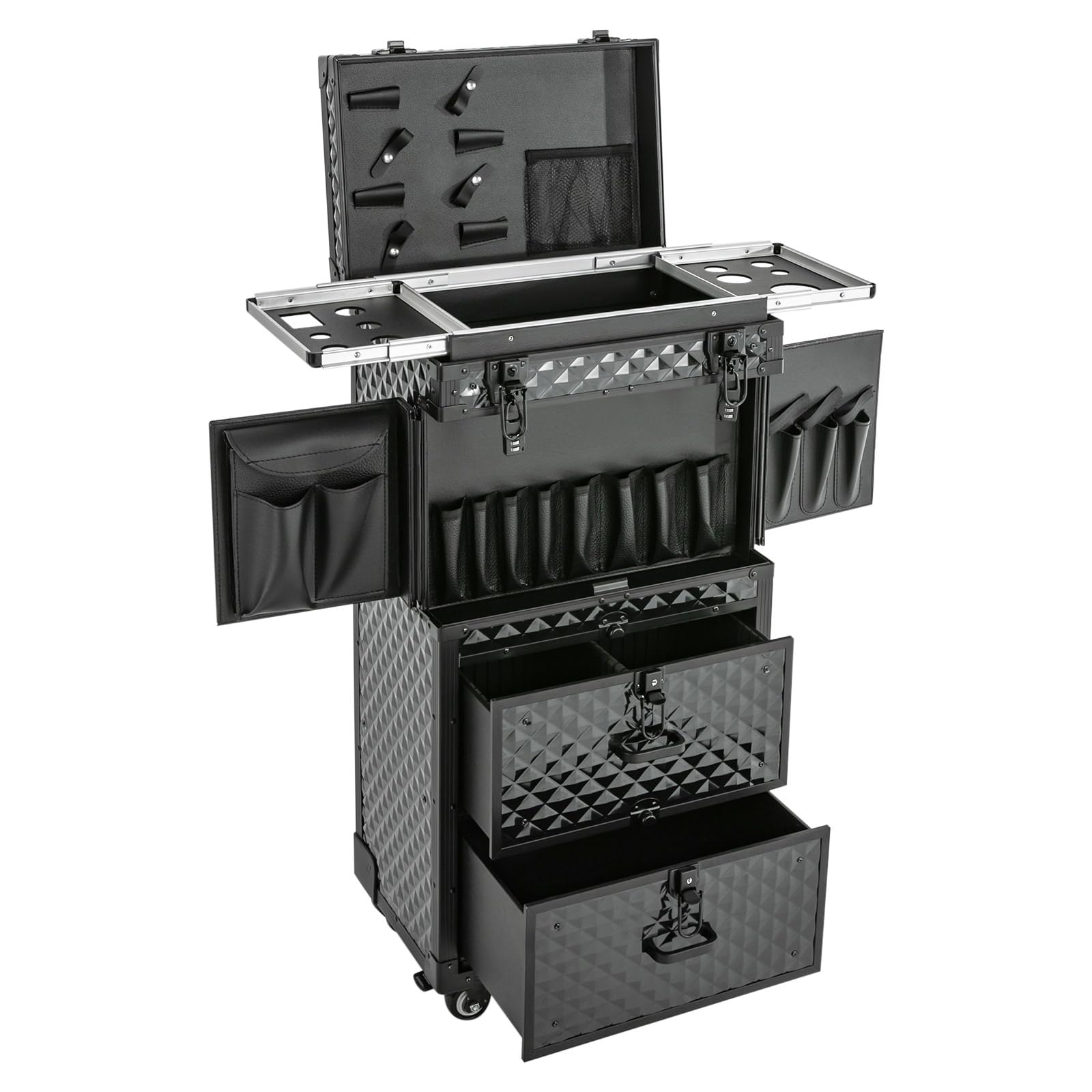 AGULIUM Professional Rolling Makeup Case with Locks, 4-Layers Large Cosmetic Train Case with 4 Wheels, Trolley Storage Case for Makeup Artist, Hair Stylist, Nail Technician, Esthetician(Black)