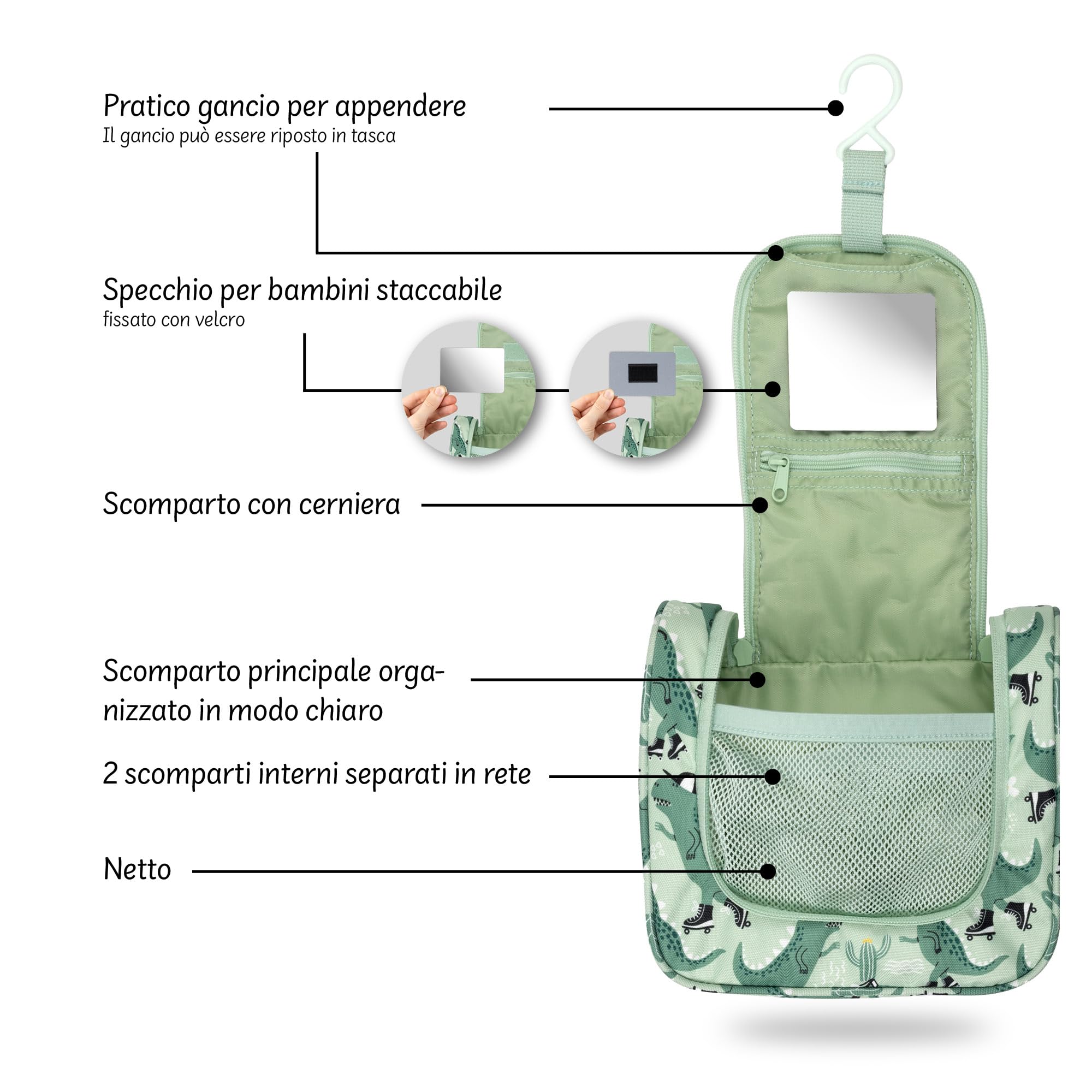 Beauty case bambino appendere trousse toilette sostenibile poliestere riciclato idrorepellente specchio scomparti Dinosauro Verde