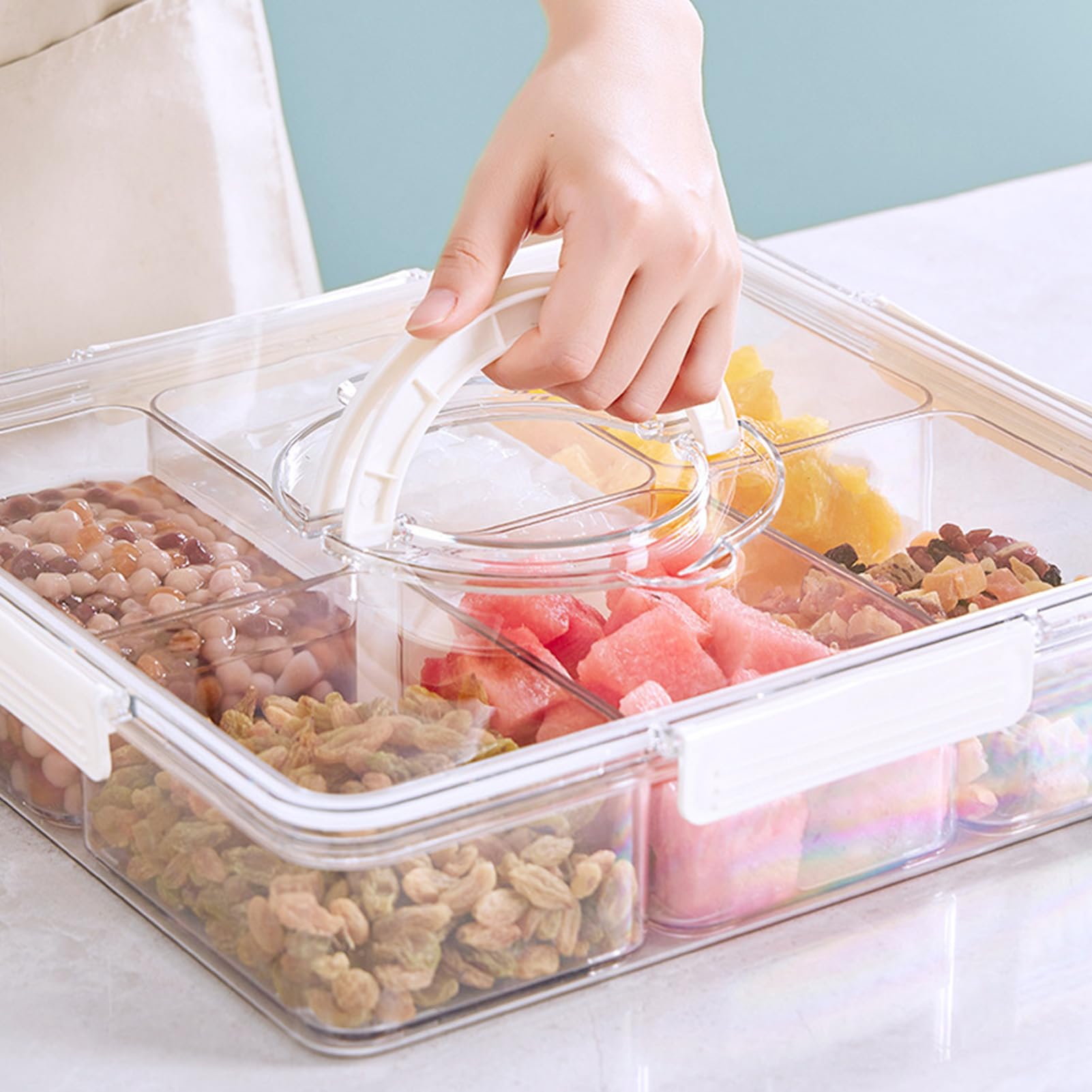 Plateau de service divisé réglable avec couvercle – Grande capacité pour fruits, desserts et assaisonnements – Idéal pour les fêtes et les divertissements
