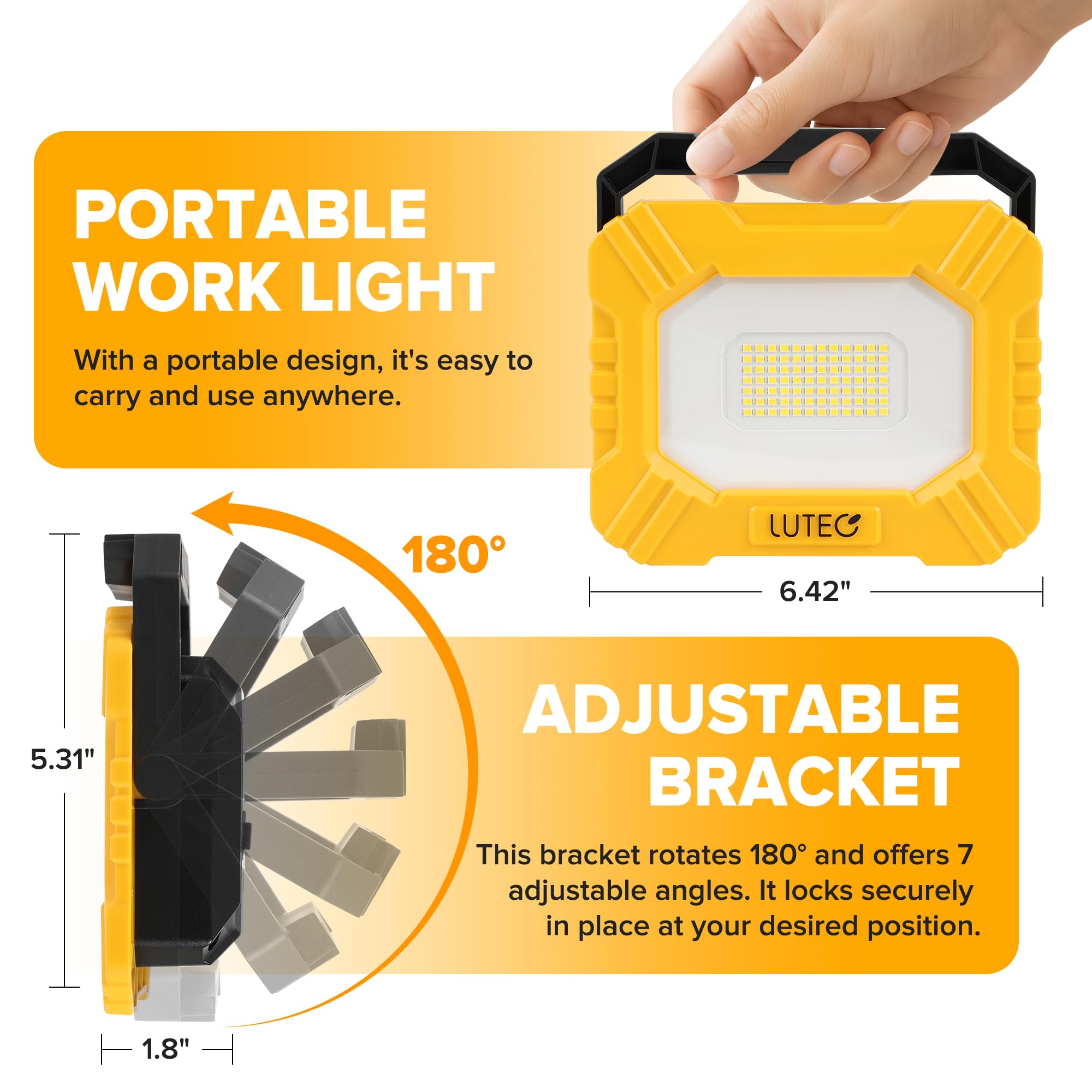 LUTEC 3500LM LED Work Light, Rechargeable Magnetic Work Lights with Stand, Portable 5000K Flood Light for Car Repair, Fishing, Camping, Emergency, Hiking, 3 Modes - 4