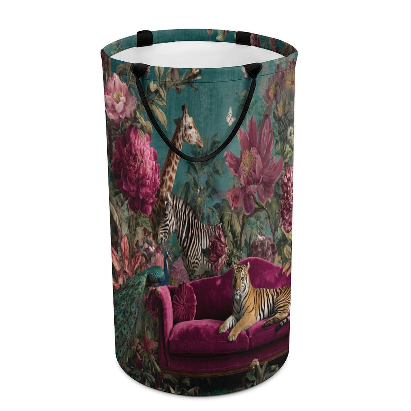 LUYYSKY Rustic Aesthetic Tiger Giraffe Collapsible Dirty Clothes Basket, Classic Fantasy Tropical Animal Zebra Peacock Butterflies Floral Portable Clothes Storage Laundry Basket-40 CM Dia, 69 CM High
