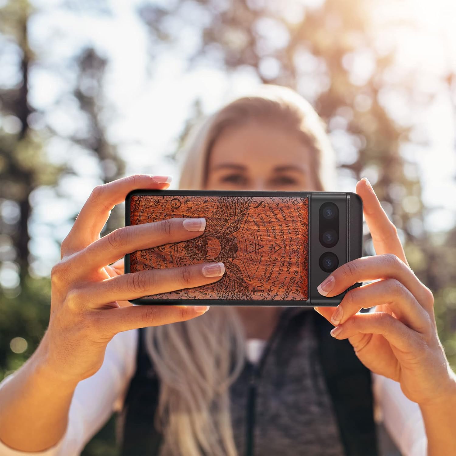 Carveit Wood Case for Pixel 7 Pro Case [Natural Wood & Black Soft TPU] Shockproof Protective Unique & Classy Wooden Cover Compatible with Google Pixel 7 Pro (owl and Skull-Rosy)