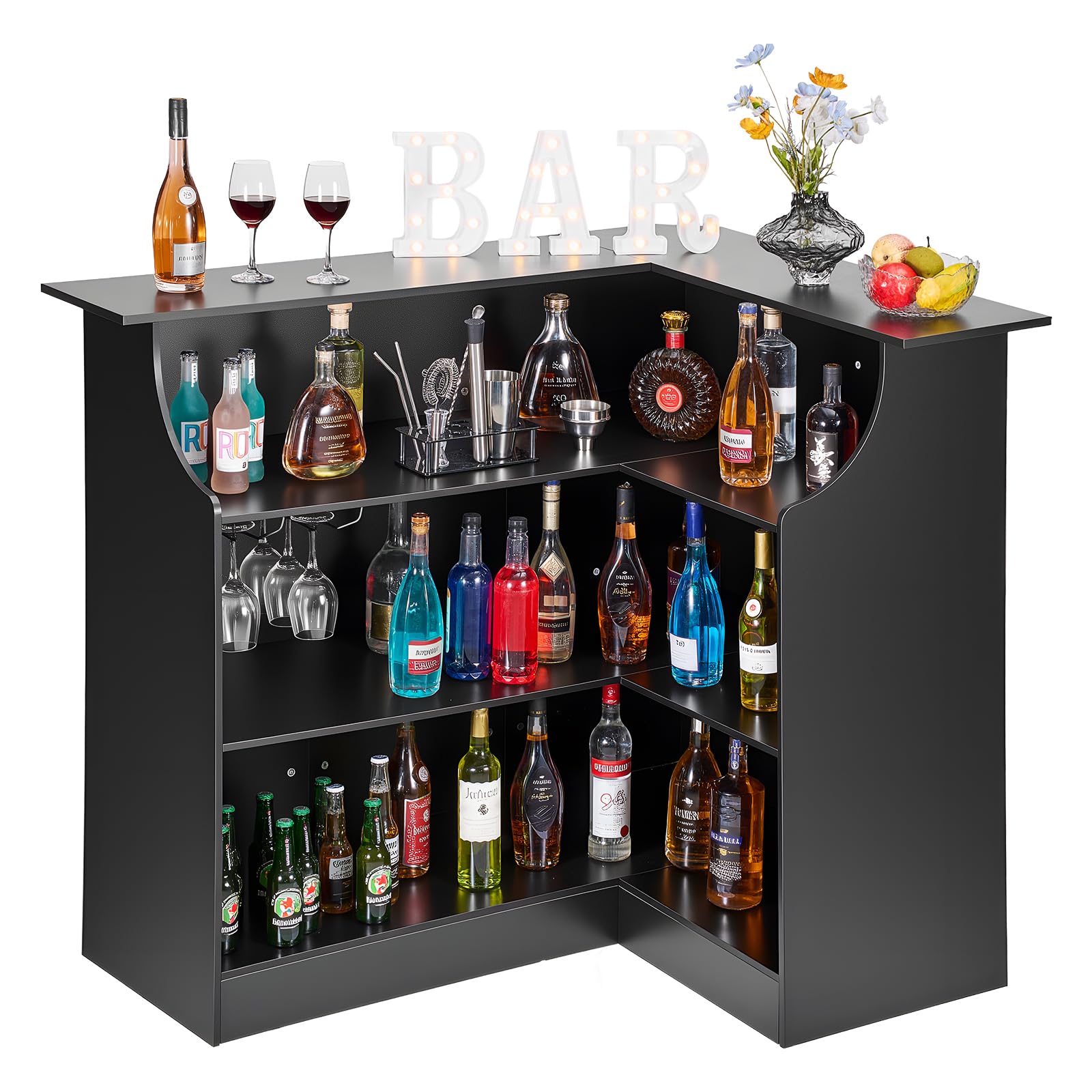 VEVOR Bancone da Bar per Salotto, Mobile Tavolo da Bar a Forma di L con 4 Ripiani Portaoggetti, Carico max 136 kg, Mobiletto Angolare per Casa Cucina Soggiorno Cantina Bancone da Interno, Nero