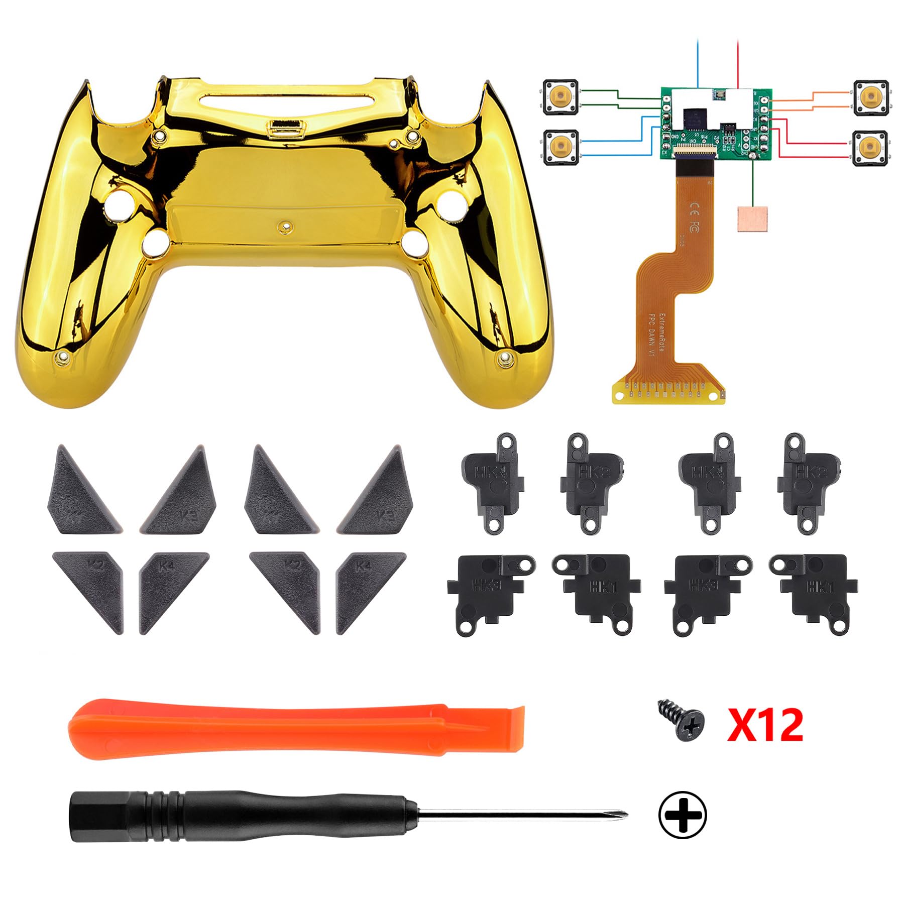 eXtremeRate Konfiguriert Dawn Remap Kit für ps4 Controller, DIY-Ersatz Hülle Rücken Gehäuse Case&Upgrade-Board& 4 Back Paddles Buttons Set für ps4 JDM-040/050/055(Chrome Gold)