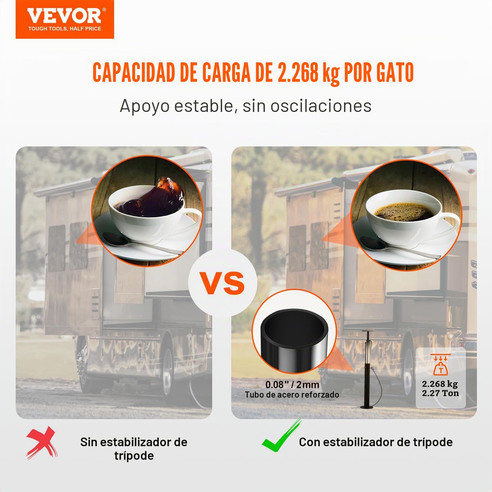 VEVOR Gato Estabilizador 2PCS Pata de Cabra para Caravanas 2,27x2T Soporte de Aparcamiento para Autocaravana en Acero Robusto Altura Regulable 500-1230 mm Compacto para Remolque 510x135x135 mm