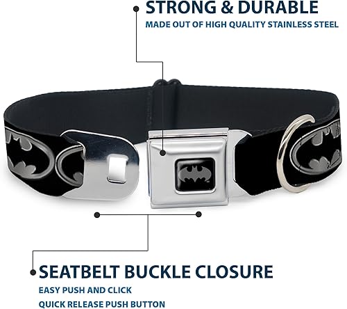 Miniatura 4 de Buckle-Down Collar de perro Hebilla de cinturón de seguridad Batman Shield Negro Plata, 1 pulgada de ancho - Se adapta a cuello de 11-17 pulgadas -
