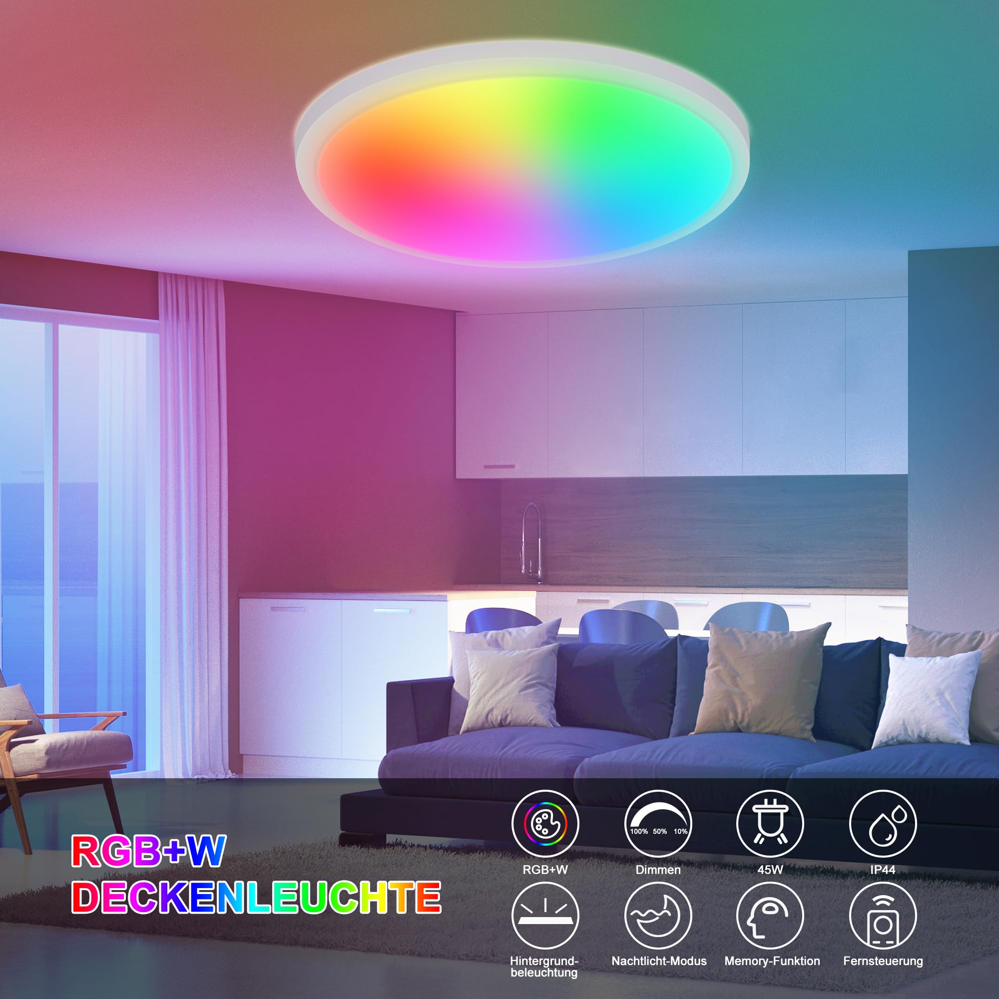 ONDTA LED Deckenleuchte Dimmbar LED Panel Ø57cm, 45W RGB Neutralweiß 4000K Deckenlampe mit Fernbedienung, IP44 Rund Küchenlampe Badezimmer lampe für Wohnzimmer Schlafzimmer Spielzimmer Kinderzimmer