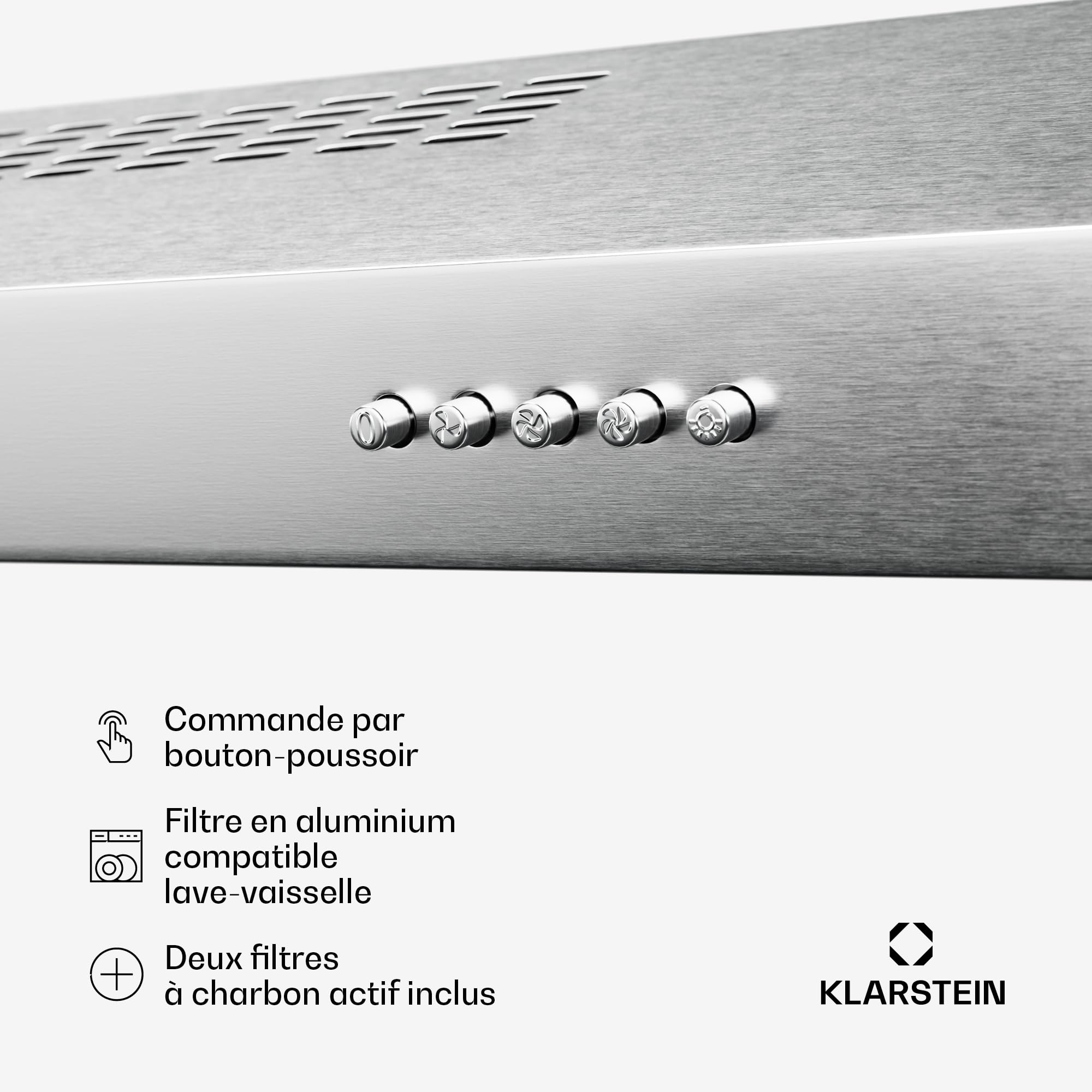 Klarstein SlimVent Hotte Aspirante, 60 cm Hotte de Cuisine Gain de Place, 178 m³/h, Énergie A+, Silencieuse 52 dB, LED, Filtre à Charbon, à Tiroir, Argent