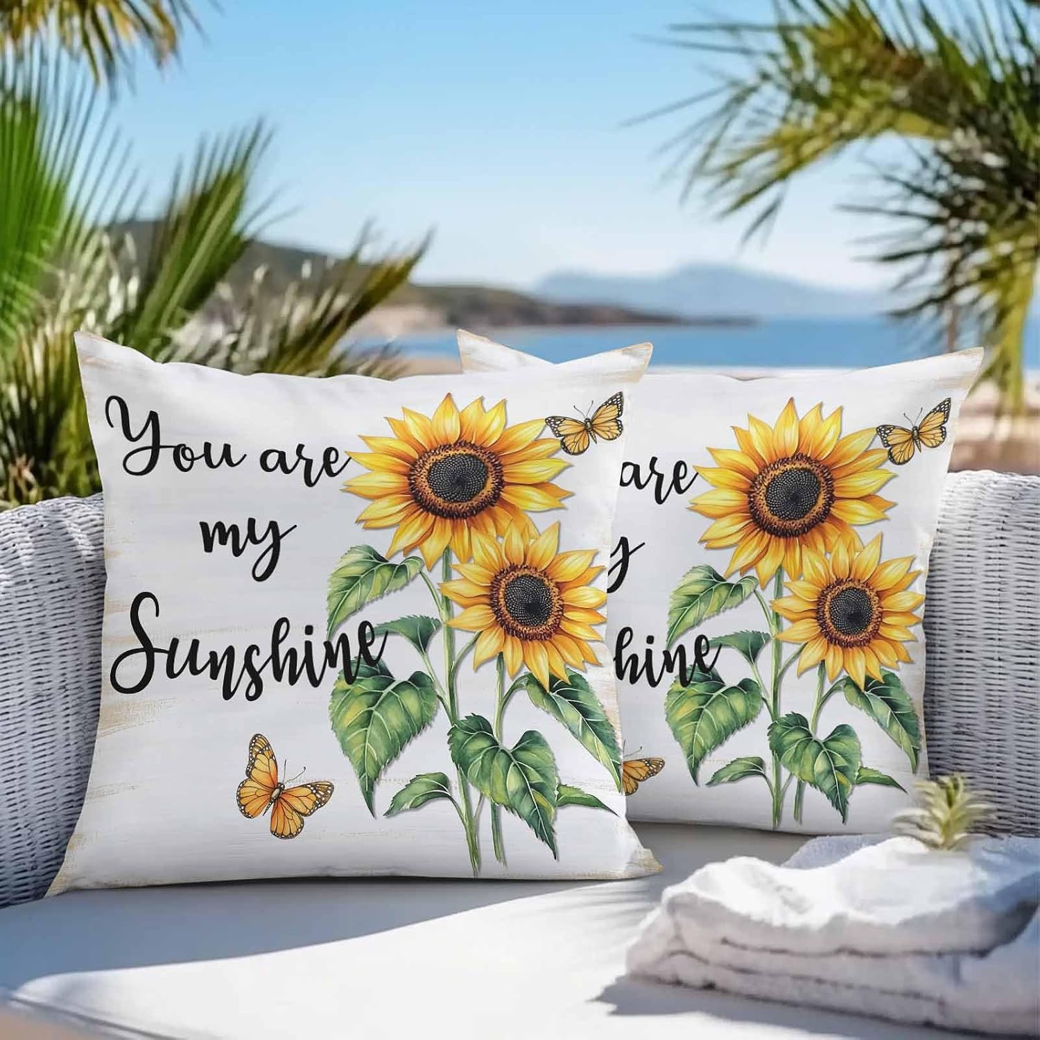 Outdoor Throw Pillow Cover Summer Farm Sunflower Sunshine Quote Waterproof Cushion Covers 2 Pack Butterfly on Retro White Pillow Cases Home Decoration for Patio Garden Couch Sofa