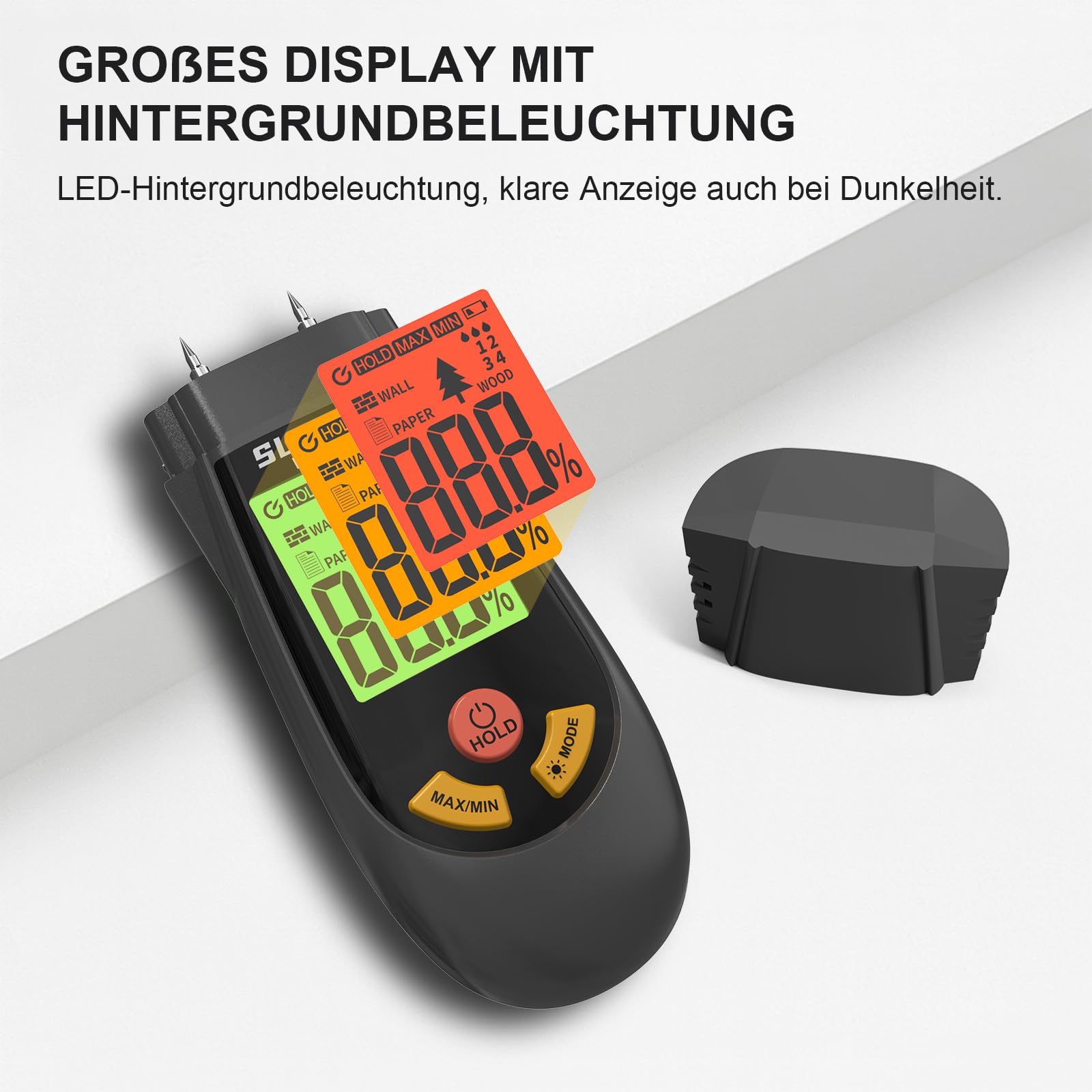 SURFOU Testeur Humidité pour Mur, Bois et Papier, Humidimètre Portable avec 3 Modes, Écran LED et Alarme Tricolore, Hygrometre pour Construction, Bricolage et Rénovation
