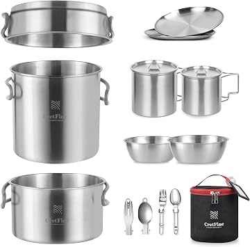 CretFine Backpacking Cooking Set with Mini Stove, Stainless Steel Camping Cookware with Carrying Bag for 1-2, Camping, Hiking, Backpacking, Bushcraft and Picnic