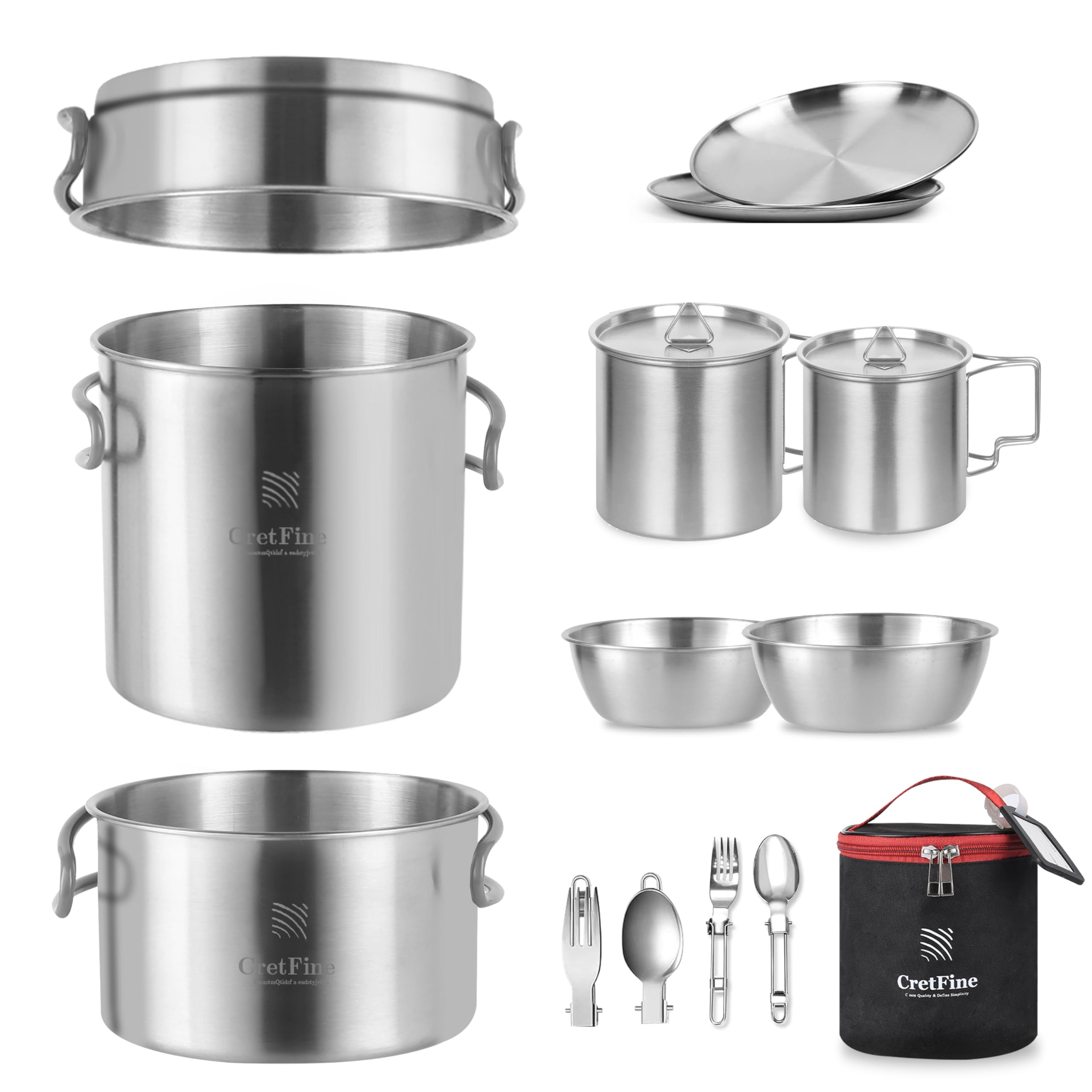 Backpacking-Kochset mit Mini-Herd, Edelstahl-Camping-Kochgeschirr mit Tragetasche für 1–2, Camping, Wandern, Backpacking, Bushcraft und Picknick