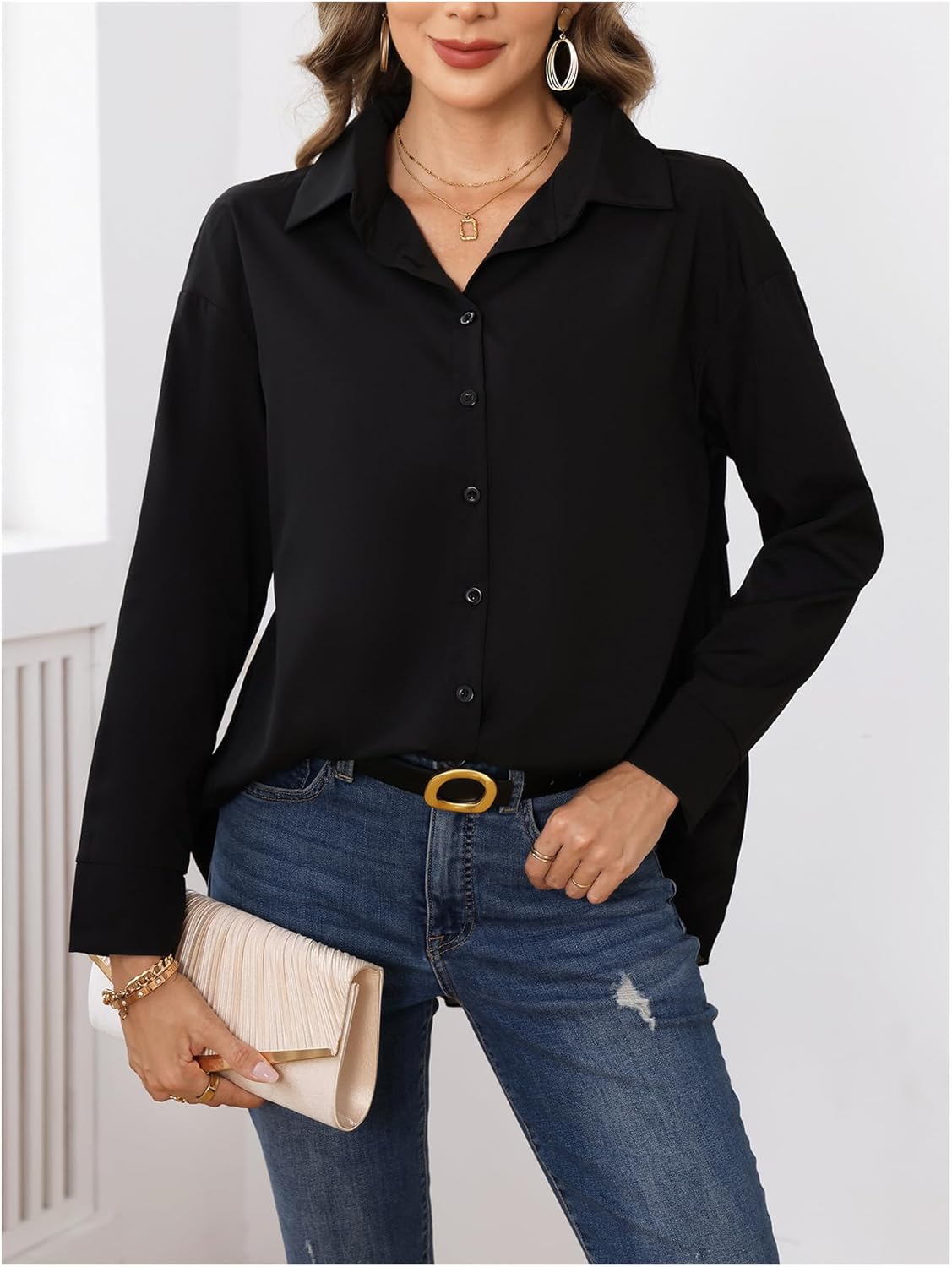 MakeMeChic Women's Pleated Wrap Long Sleeve Collar Button Down Shirts Casual Blouse Tops - Image 5