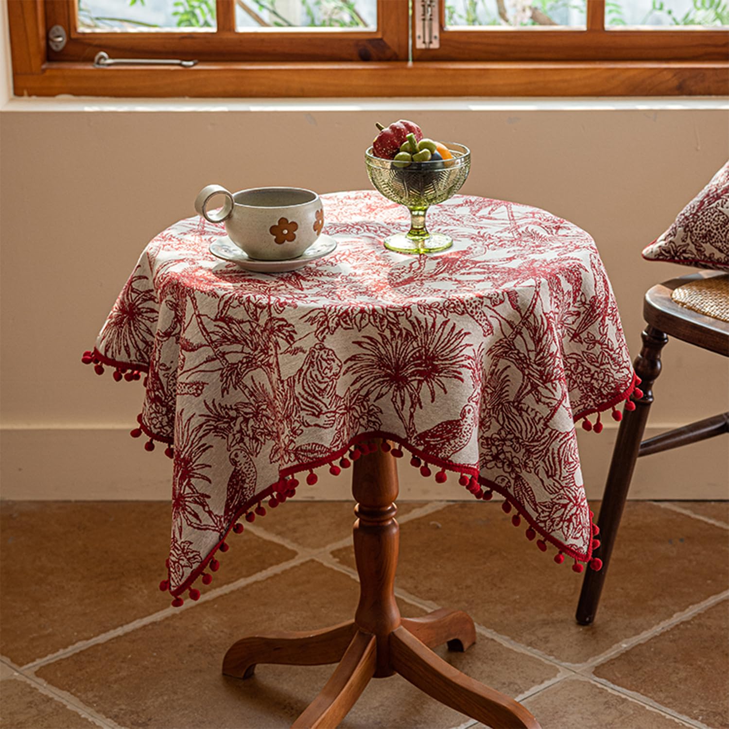 FOELANNE Embroidered Lace Tablecloth, Square Embroidered Floral Tablecloth Pom Pom Trim Cotton Linen Multiple Sizes(90x90cm)
