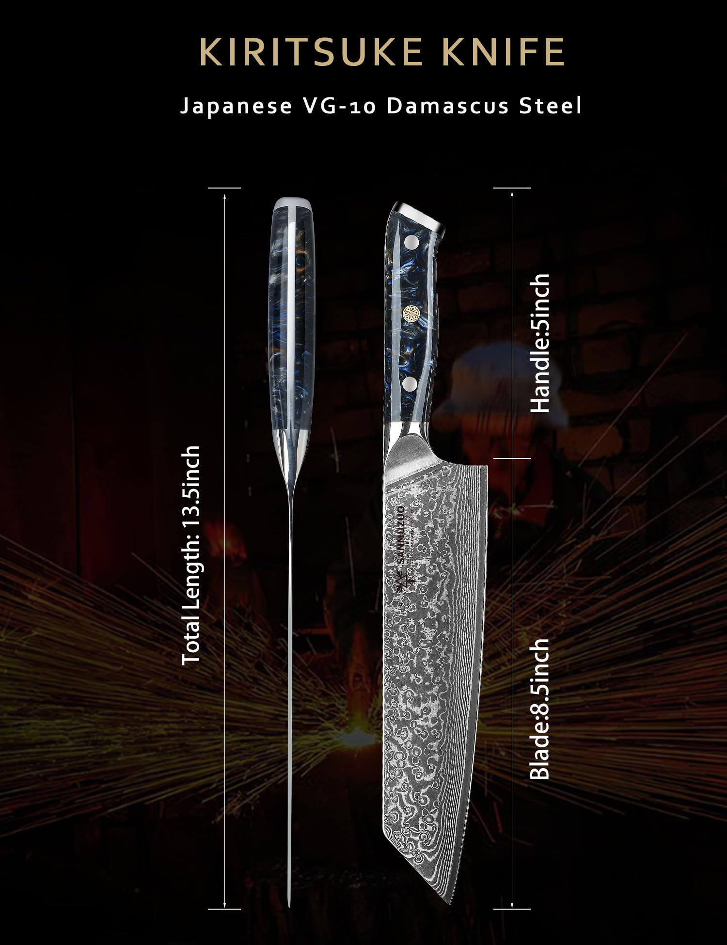Coltelli Da Cucina Kiritsuke Damasco 22CM, Coltello da chef Professionale - Coltello da Cuoco Acciaio Damasco da 67 Strati- Impugnatura Resina - Xuan Series (Starry Black)
