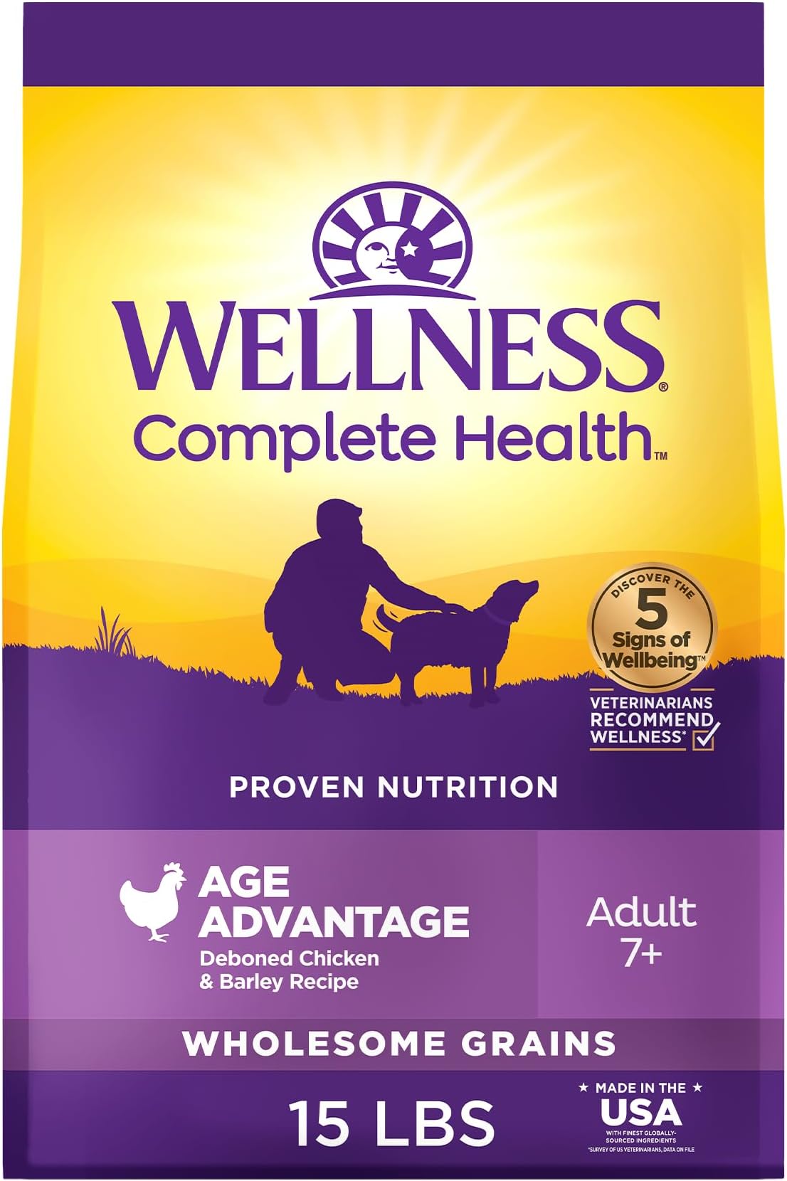 Wellness Complete Health Age Advantage Senior Dry Dog Food, Wholesome Grain Kibble, Natural, Chicken and Barley Recipe, 15 lb Bag