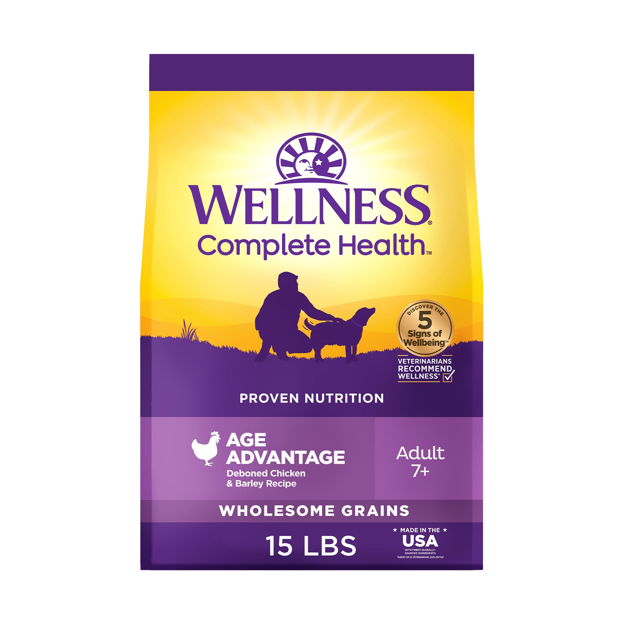 Wellness Complete Health Senior Dry Dog Food with Grains, Chicken & Barley, 15-Pound Bag