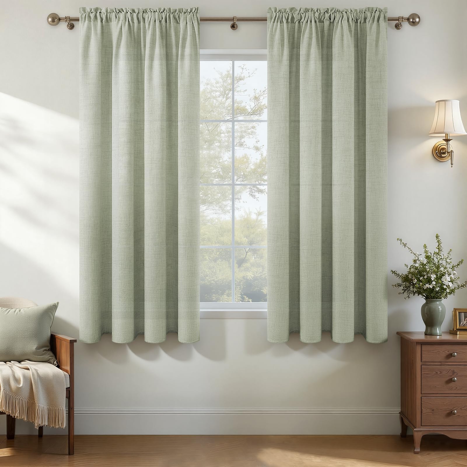 MRTREES Linen Voile Rod Pocket Curtains, Window Net Sheer Curtains for Bedroom Kitchen Living Room, 2 Panels Semi-Transparent Privacy Window Treatments 140x145 CM 55x57 Inch Sage Green