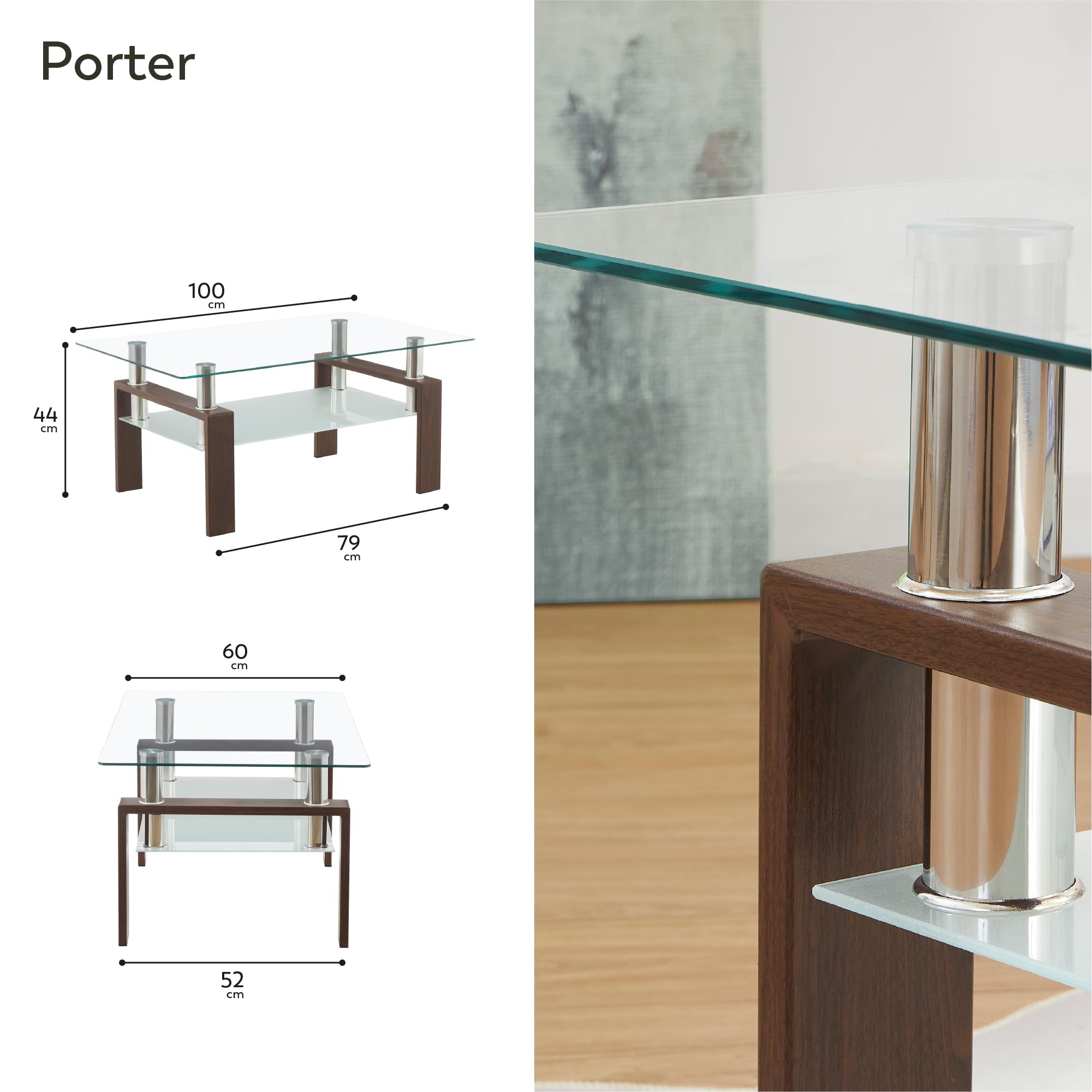 Tavolino 100 x 60 x 44 cm Porter, Tavolino rettangolare con vetro temperato trasparente da 6 mm e struttura con finitura effetto noce, design elegante, per soggiorno e zona lounge