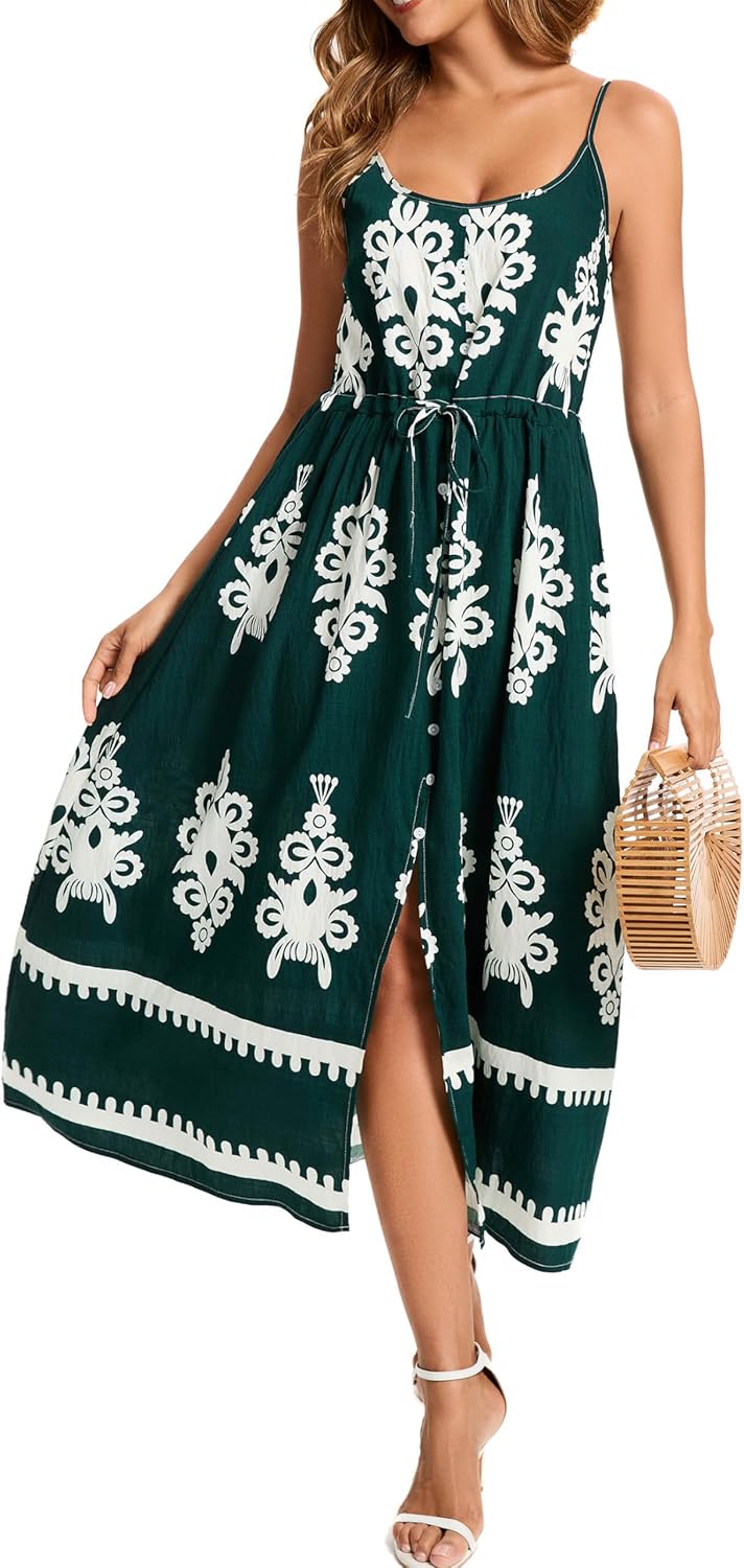 Kormei Women Summer Beach Dress Casual Boho Floral Sundress Spaghetti Strap Flowy Maxi Dresses with Pockets