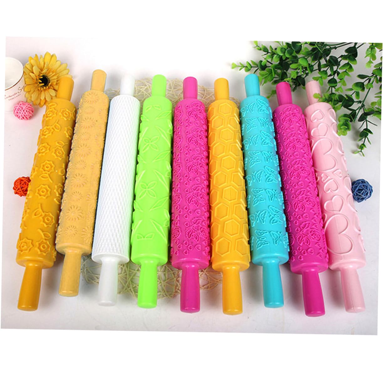 Set 5 Pezzi Matterello in Plastica Stampi Decorativi a Rilievo, Facile da Pulire e Impugnare, per Pasta Modellabile e Torte di Fondente Stili multipli