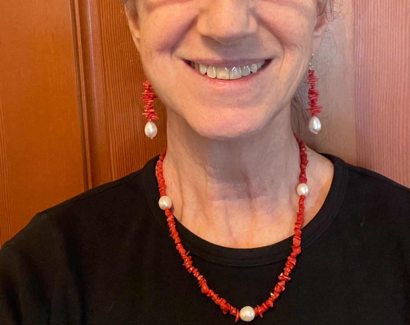 Customer review image for Red Coral & 9-10mm White Freshwater Cultured Pearl Earring - Sterling Silver Fishhook