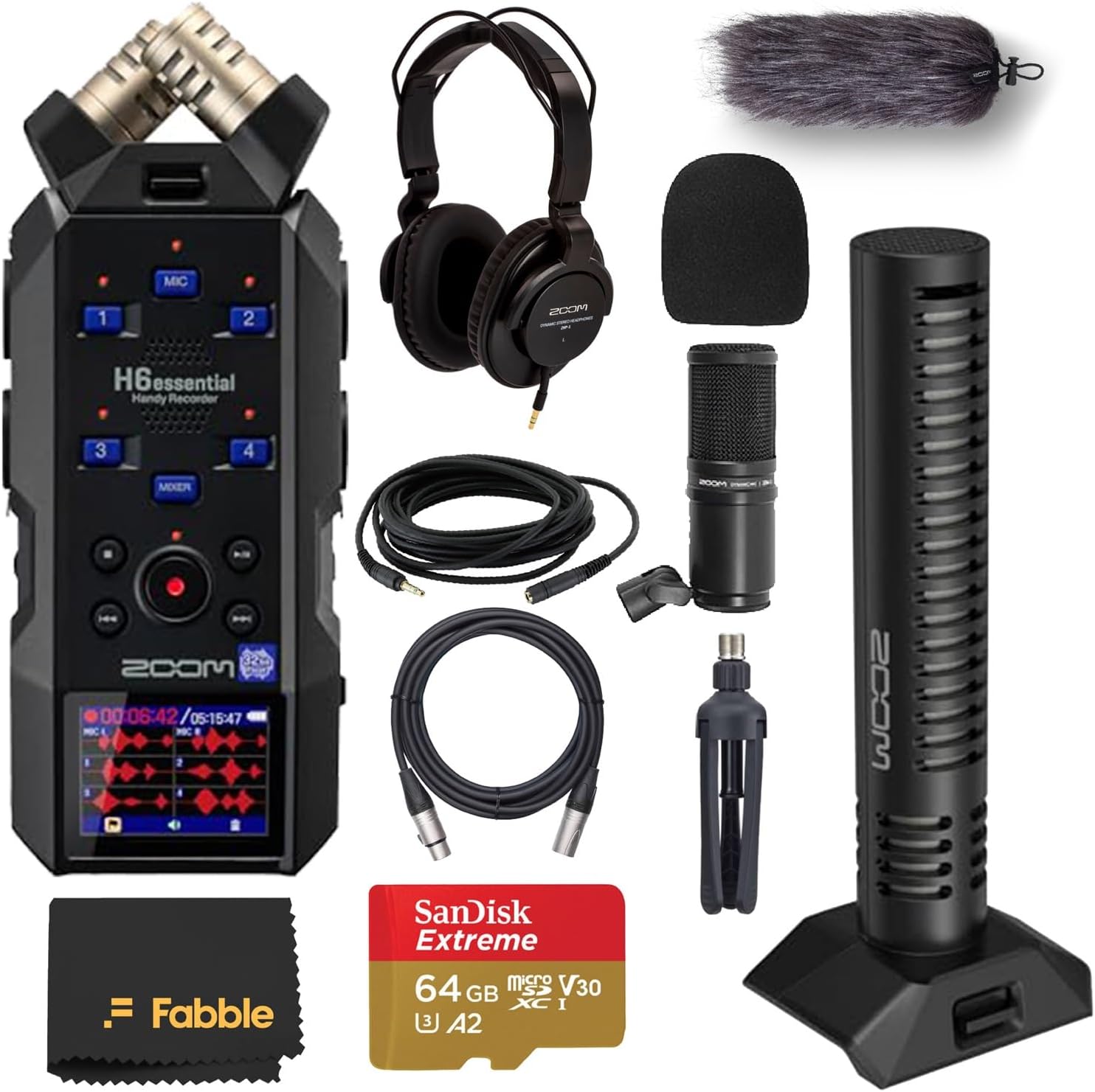 Zoom H6 Essential Handy Recorder Bundle with Zoom Stereo Shotgun Mic Capsule, Podcast Mic, Headphones, XLR Cable, Tabletop Stands, Windscreen, Cables, 2X 64GB Micro SD Memory Card