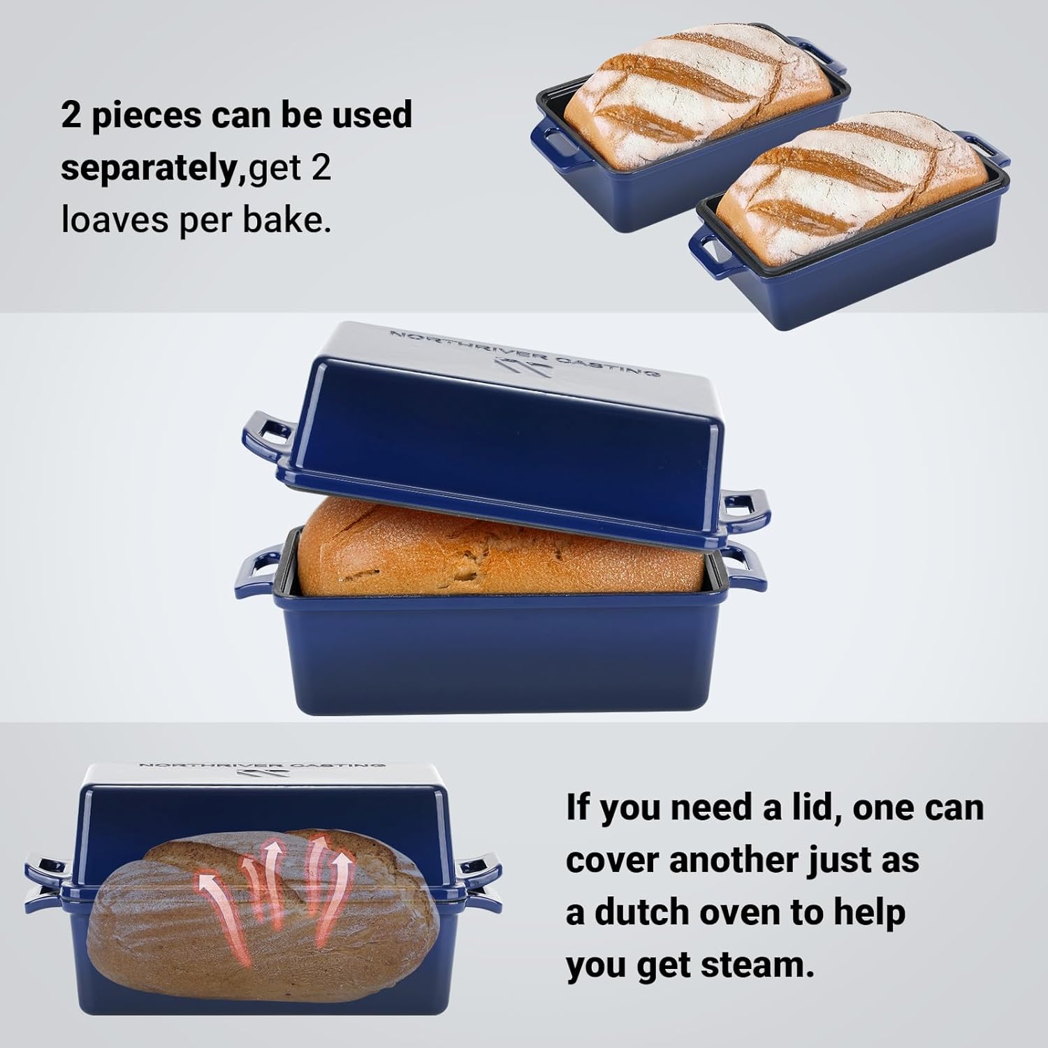 2 in 1 Enameled Cast Iron Bread Pan with Lid, Perfect Bread Oven, Loaf Pans for Baking Homemade Sourdough Bread 9x5, 2 Piece set, Navy Blue - Image 2