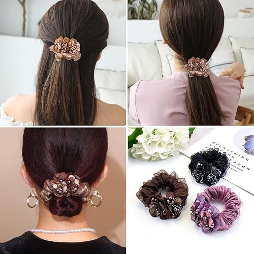 Miniatura 7 de 4 bandas elásticas para el cabello con diamantes de imitación para mujer, bandas elásticas para el cabello con diamantes de imitación, ligas