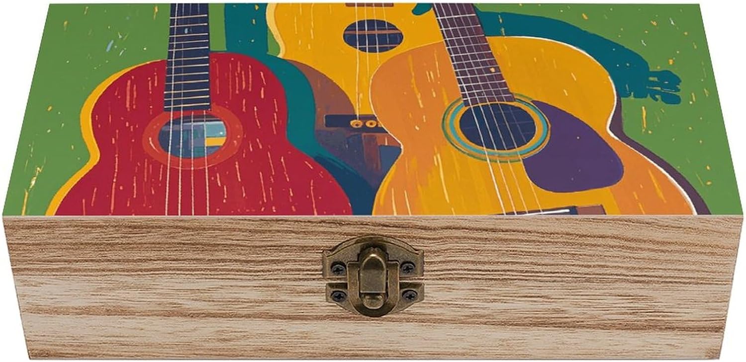 Color Acoustic And Guitars Wooden Storage Box With Hinged Lid Keepsakes Box Memory Boxes Gift Jewelry Box For Keepsakes Photos Crafts Stamps