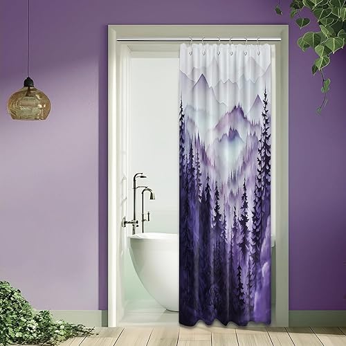 Miniatura 99 de Cortina de ducha azul marino de bosque Cortina de ducha azul oscuro de montaña y naturaleza para decoración de baño de hombres, tela impermeable con