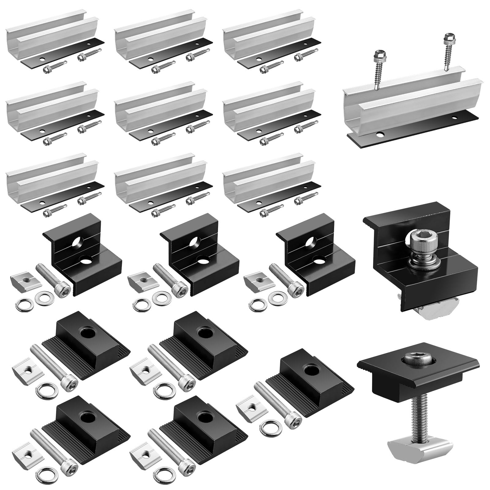 GETLITOOL Zestaw prowadnic 12 cm i regulowane zaciski do panelu słonecznego o wysokości 30-35 mm, w tym 10 sztuk szyn 120x25 mm 4 szt. Zaciski zaciskowe 6 szt. wsporniki środkowe do samodzielnego