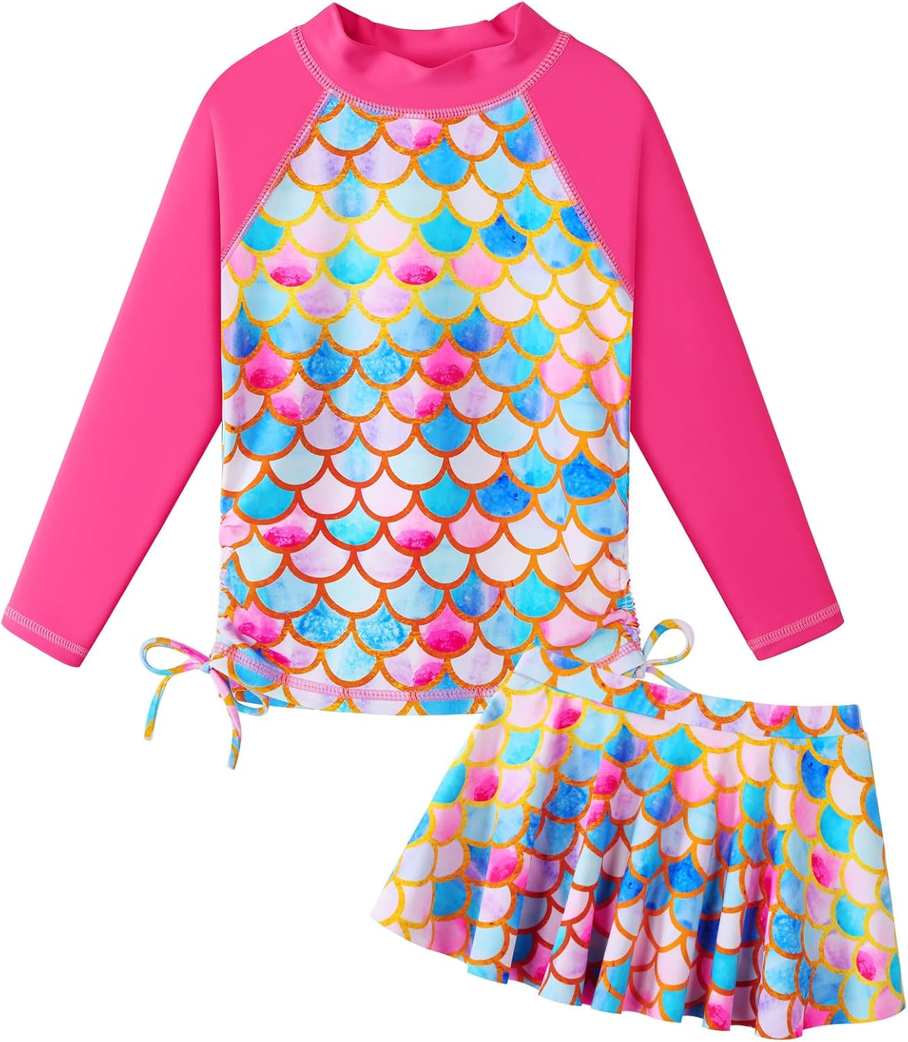BAOHULU Girls 2-Piece Rash Guard Swimsuit Long Sleeve Bathing Suit with Swim Skirt UPF50+ Kids Beach Swimwear 2-12Y