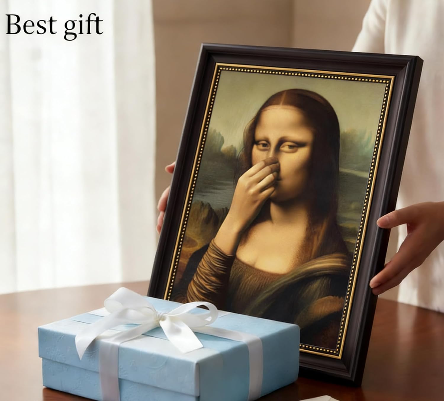Funny Mona Lisa Bathroom Wall Art, Dark Brown Framed Humorous Canvas Decor for Toilet Powder Room, Classical Art Funny Poster Print 16x24in