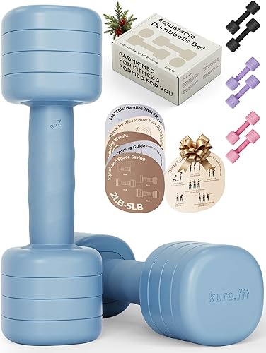 Miniatura 2 de Juego de mancuernas ajustables azules de 2 a 5 libras y kit de pilates rosa