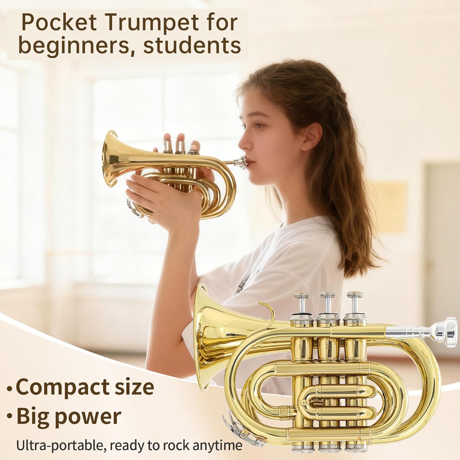 Kmise Bb Portable Pocket Trumpet, Premium Brass Mini Trumpets for Students Beginners, Trumpet Instrument Set with Sturdy Case, 7C Mouthpiece, Beginner's Guide Kit, and Cleaning Kit (Gold Lacquer)