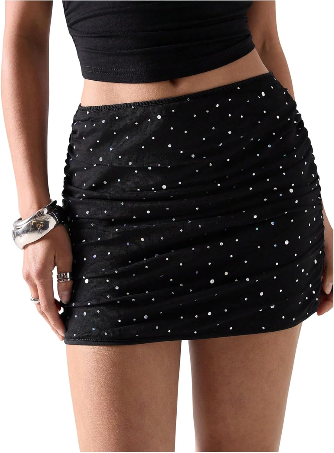 SOLY HUX Women's Glitter Mini Skirt Sparkly Rhinestone Mesh Ruched Bodycon Party Club Going Out Skirts