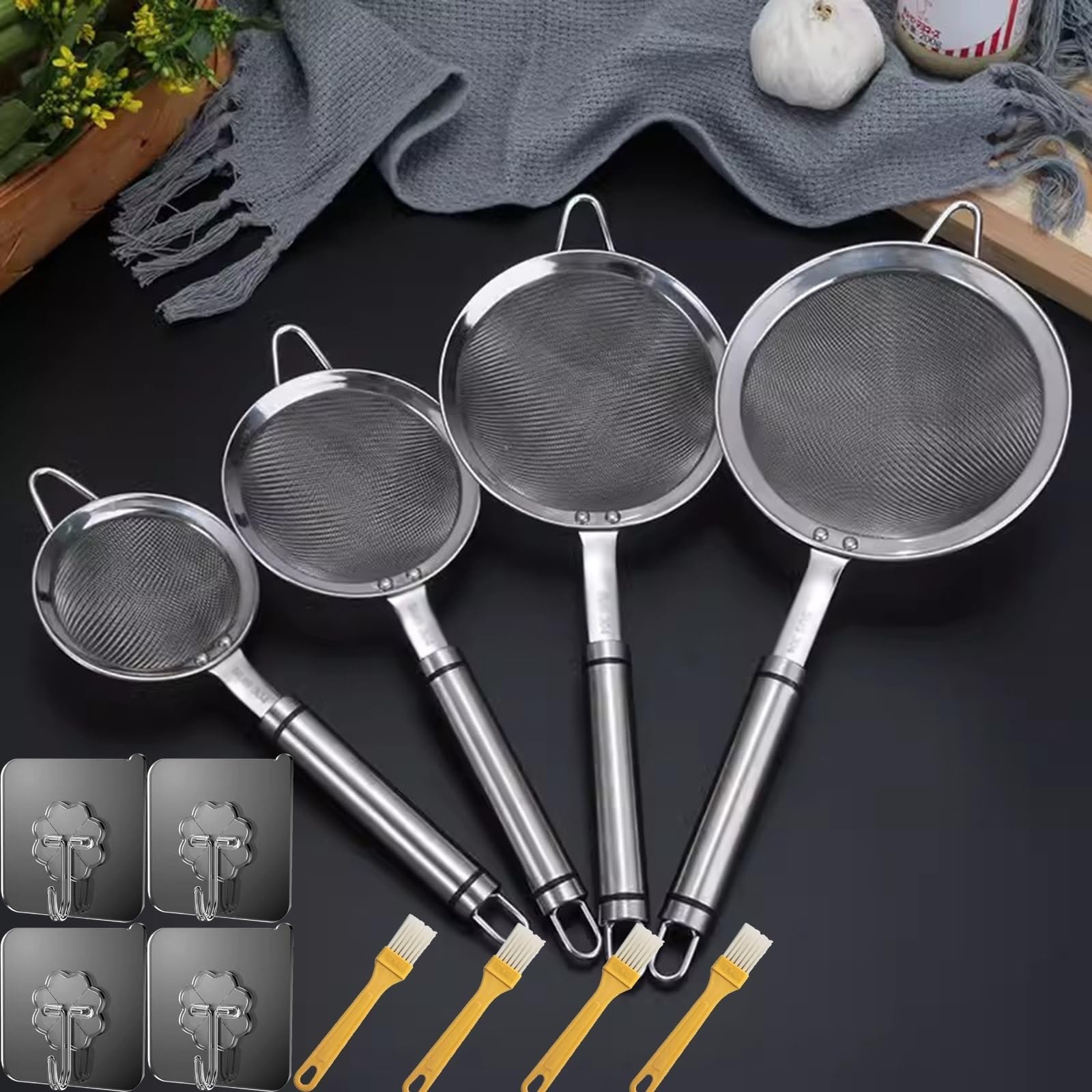 Colador de harina de acero inoxidable, juego de 4 tamices de 8,5/10/12/14 cm, colador de cocina de malla fina para tamizar, escurrir y enjuagar verduras