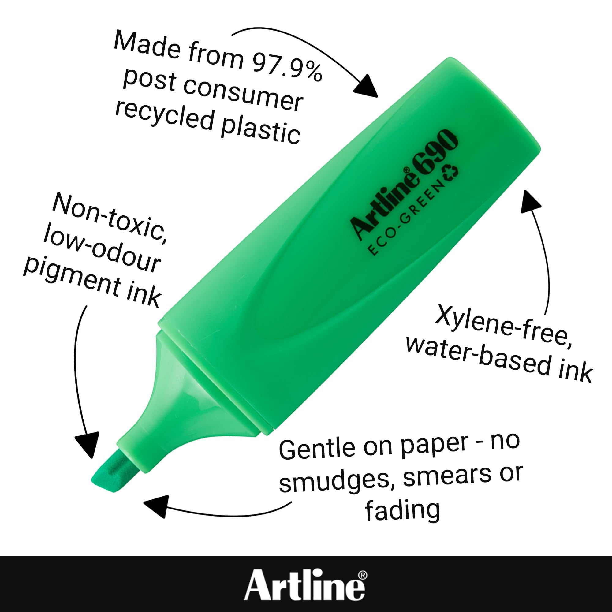 Artline Eco Green Highlighters (Pack of 12) 1-4mm Nib for Home, School & Office Use, Bright Water-Based Non-Fade Highlighter Pens, Non-Toxic - Genuine Highlighters Pens - Image 4