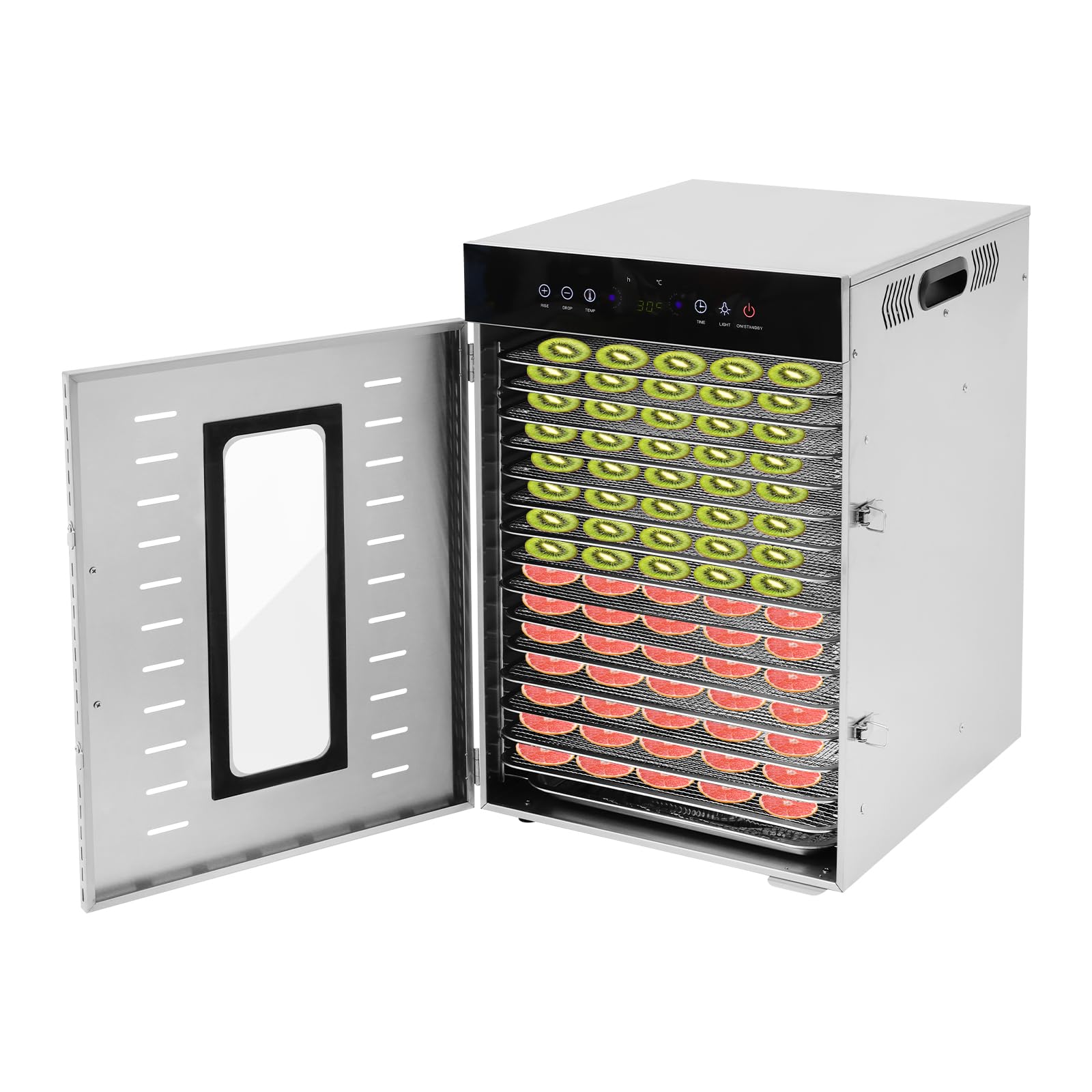 Suszarka 1350 W z 16 wsuwaniami, 30-90°C, ekran dotykowy, stal nierdzewna | Do owoców, mięsa, ziół i warzyw: timer 0,5-24 godzinny, duża powierzchnia suszenia i szczelnie zamykające się szklane drzwi.