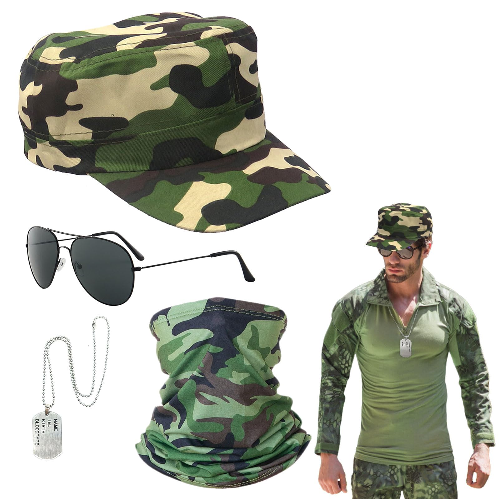 EUPSIIU 4 Pieces Army Camouflage Fancy Dress Set Solider Military Cosplay Costume Pilot Aviators With Hat Camouflage Neck Warmer Sunglasses Dog Tag for Adults Kids Party Dress up Halloween (Army)