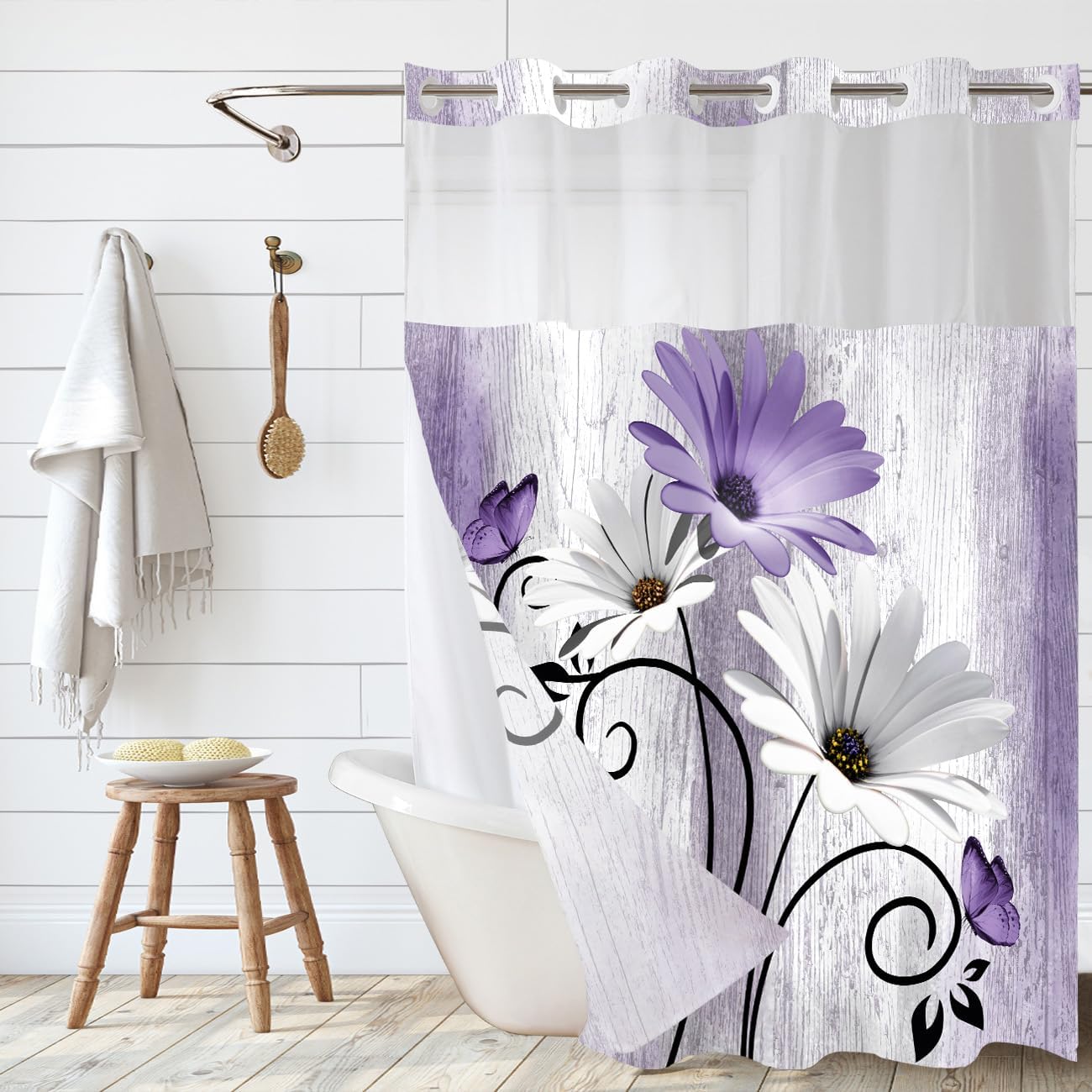 No Hook Floral Shower Curtain with Snap in Liner- Purple Rustic Butterfly Flower Hotel Shower Curtains for Bathroom, Farmhouse Wooden Plank Bath Curtain, Water-Repellent&Washable Fabric,71 x 74 inches
