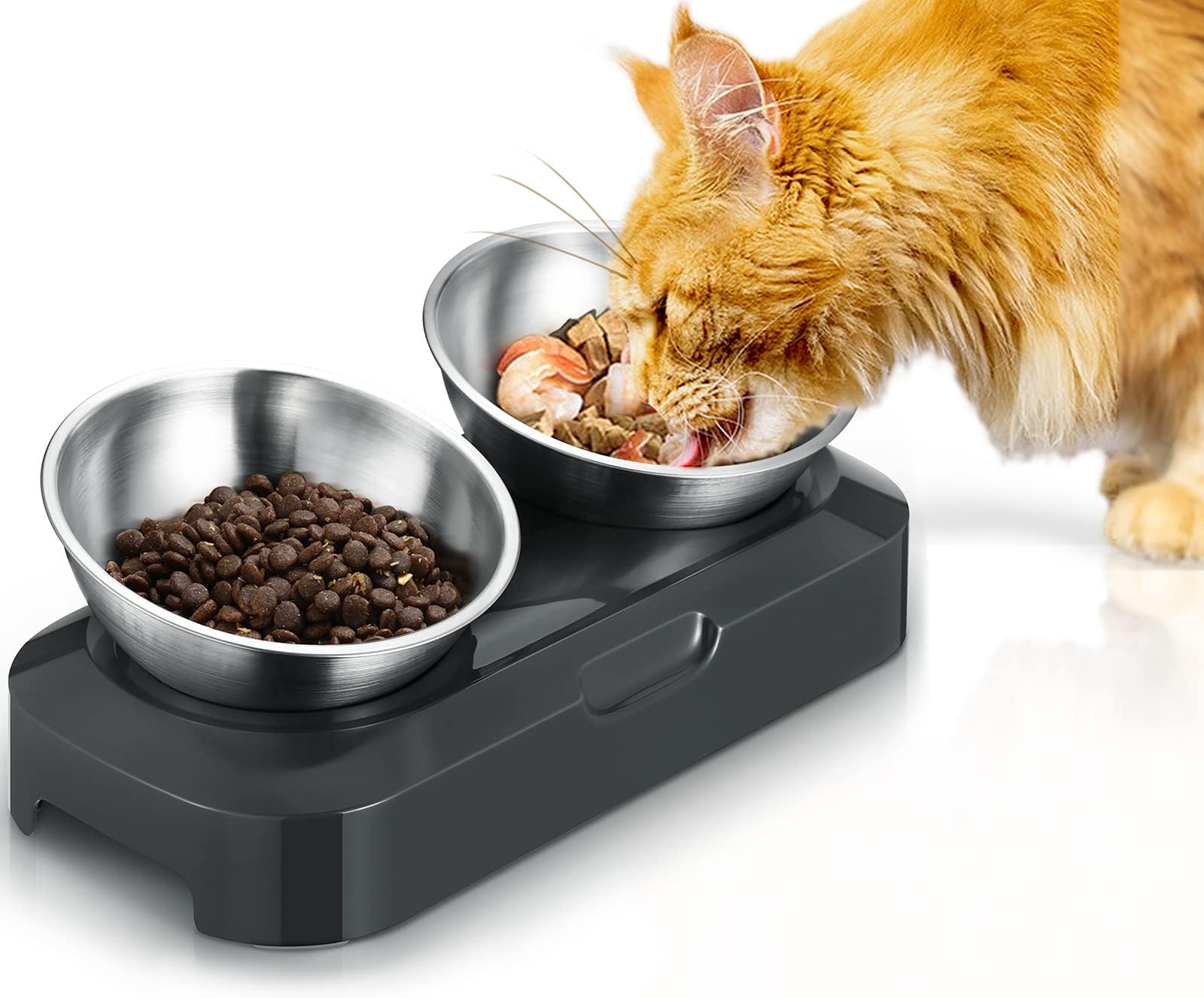 Cat Bowls with Stainless Steel, 15° & 0° Tilting Neck Protective Bowl Easy to Clean & Non-Slip Silicone Mat Raised Puppies Food Feeder for Pets, Cats Small Dogs and Food and Water Feeding
