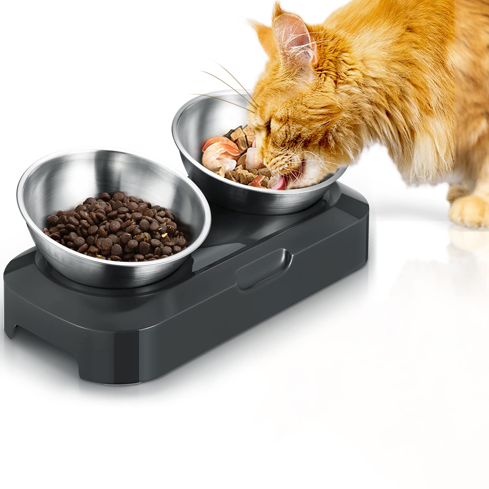 Raised Cat Bowl with Stainless Steel, Easy to Clean & Non-Slip Silicone Mat Cat Feeder with 0 &15° Tilting Neck Protective Bowl for Pets, Cats and Puppies Food and Water Feeding