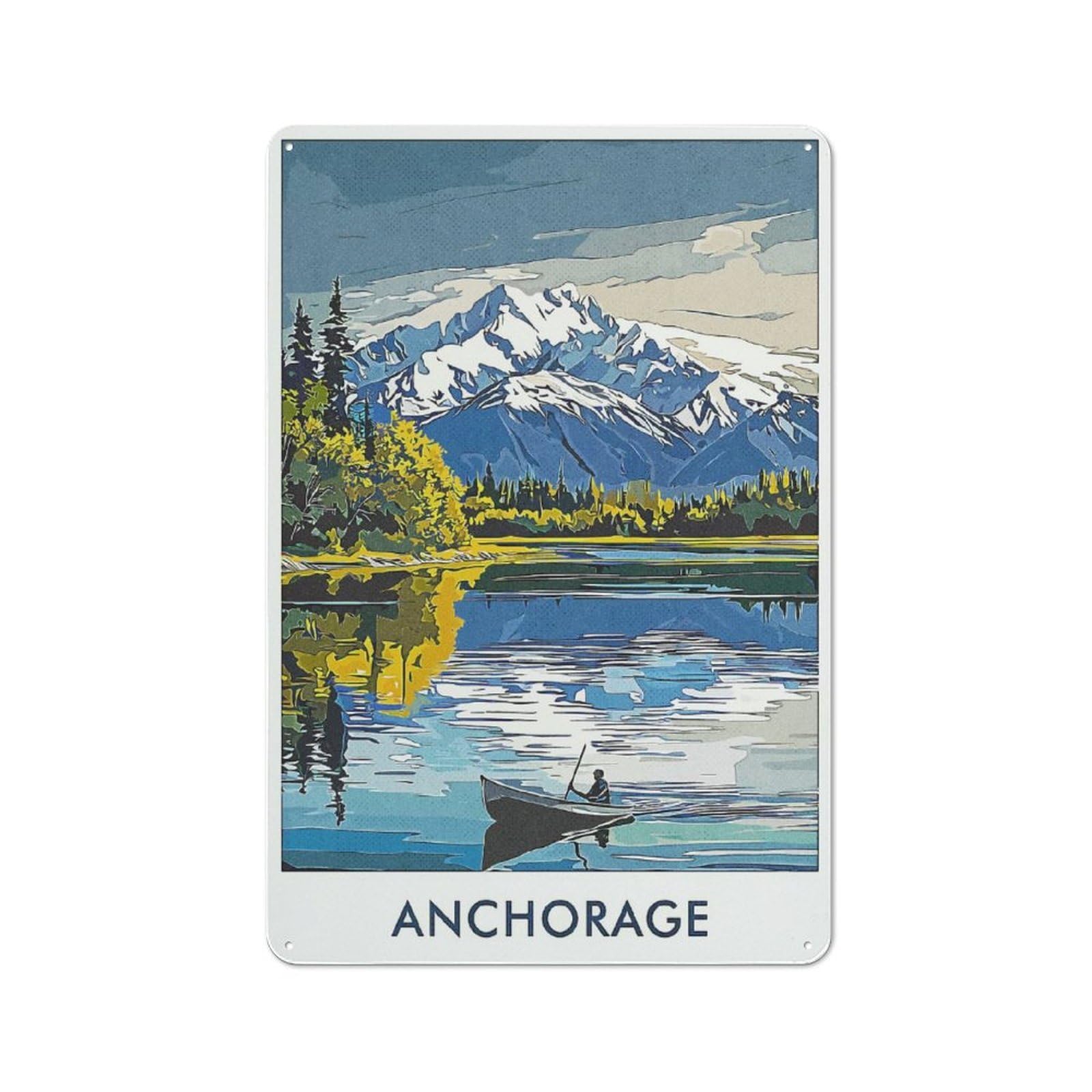 Junmoney Style-22 Decorative Tin Plaque With Anchorage Mountain Lake Design 30X20cm, Nostalgic Home Bar Decor For Bar, Kitchen, Garage Or Games Room