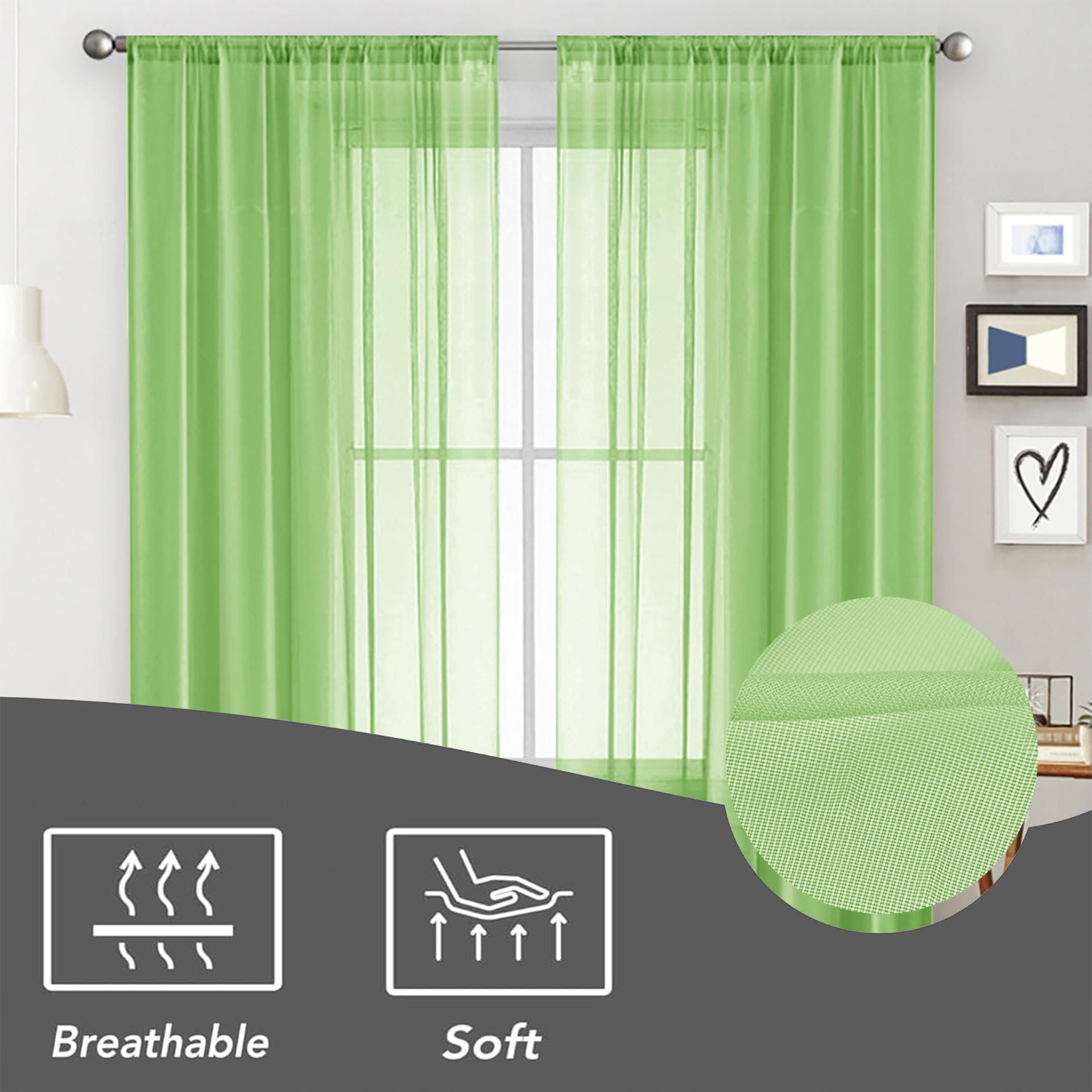 Vorhänge Transparent 255 x 245 cm Luftige Soft Vorhänge Wohnzimmer Modern Waschbar für Wohnzimmer, Schlafzimmer, Grün