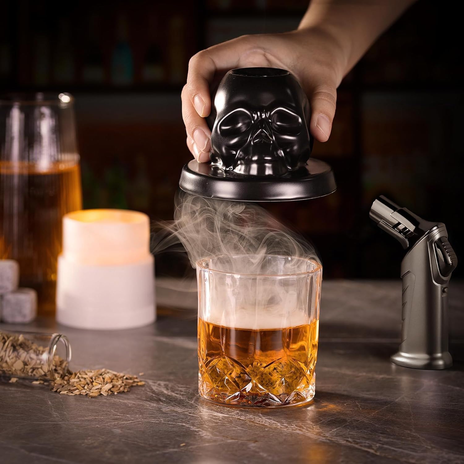 Kit per affumicatore per cocktail e whisky, in ceramica, con 4 gusti di trucioli di legno, con confezione regalo, set per whisky bourbon, regalo per uomini, kit per affumicatore vecchio stile per